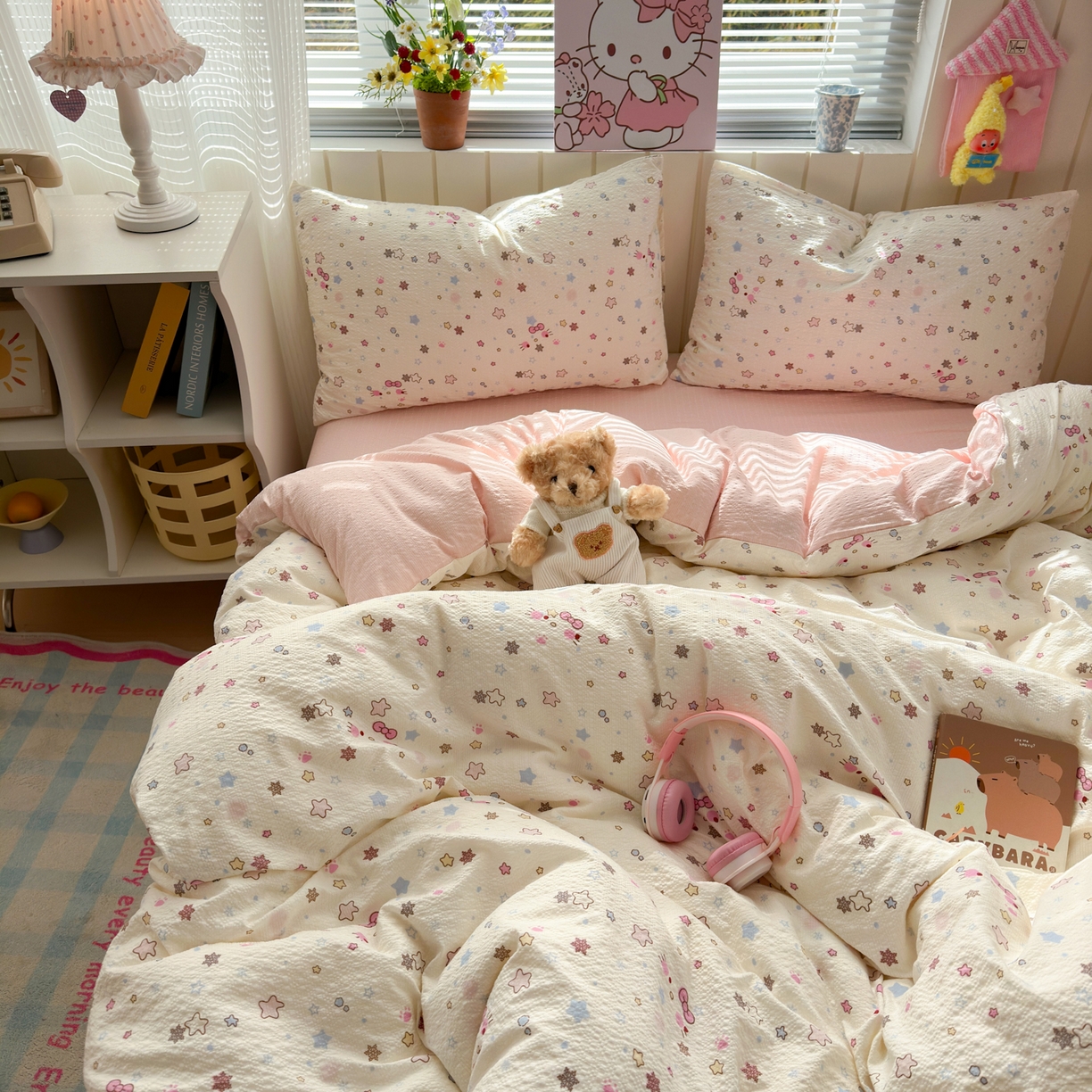 91家纺网 家纺一手货源 找家纺 奈颜 2026新款A类泡芙纱印花四件套学生宿舍三件套-卡通印花系列 躲猫猫