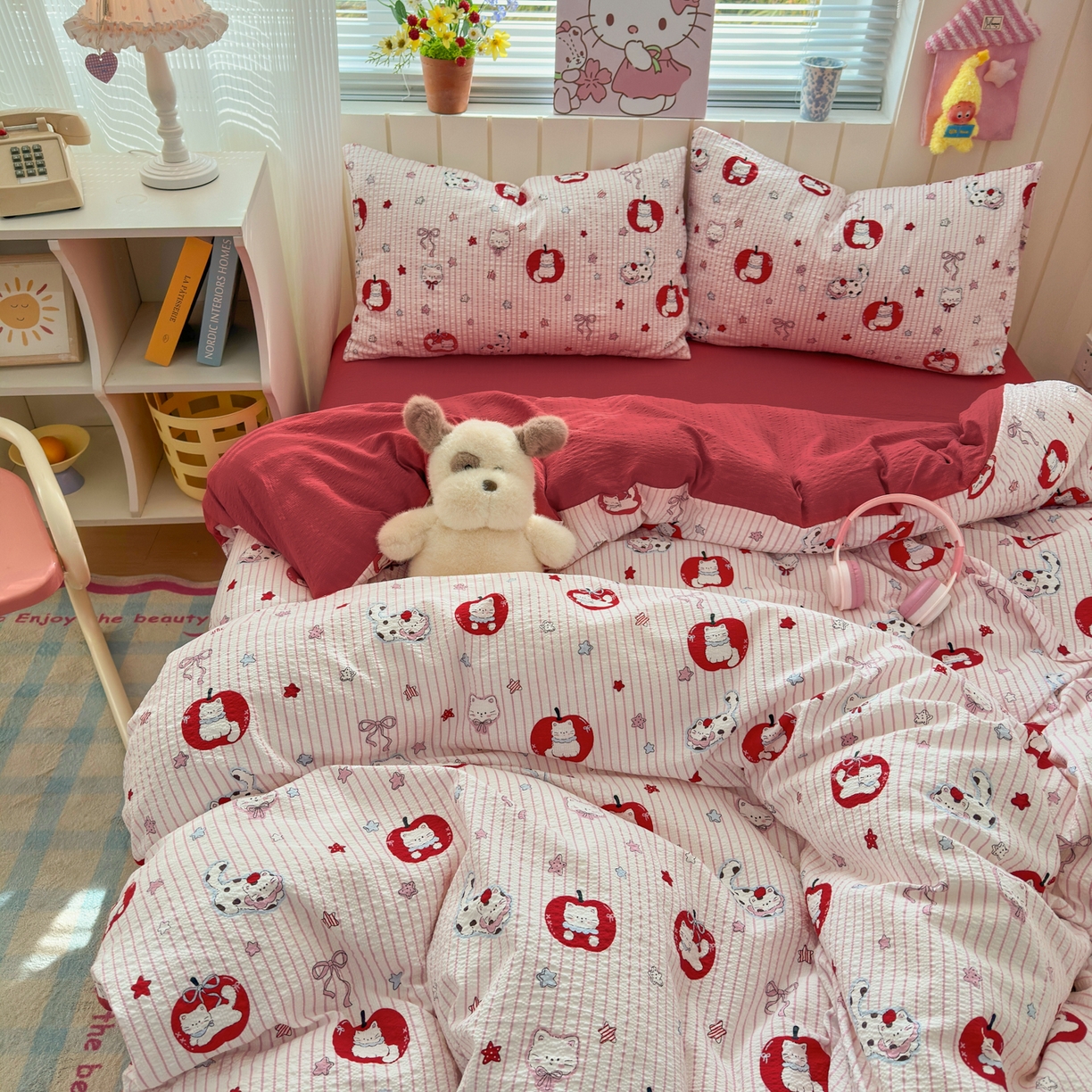 91家纺网 家纺一手货源 找家纺 奈颜 2026新款A类泡芙纱印花四件套学生宿舍三件套-卡通印花系列 苹果小狗