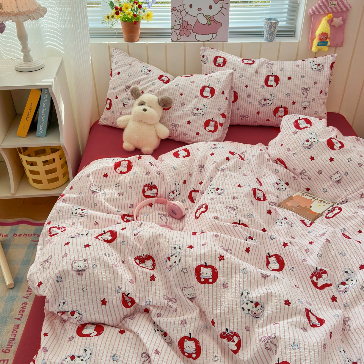 91家纺网 家纺一手货源 找家纺 奈颜 2026新款A类泡芙纱印花四件套学生宿舍三件套-卡通印花系列 苹果小狗