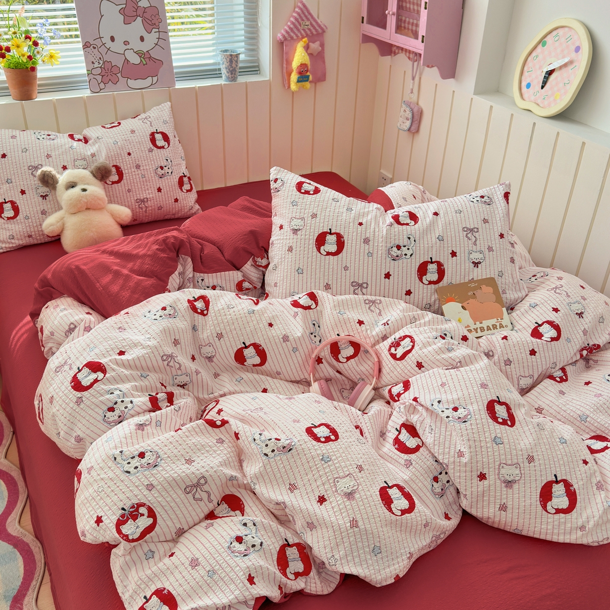 91家纺网 家纺一手货源 找家纺 奈颜 2026新款A类泡芙纱印花四件套学生宿舍三件套-卡通印花系列 苹果小狗