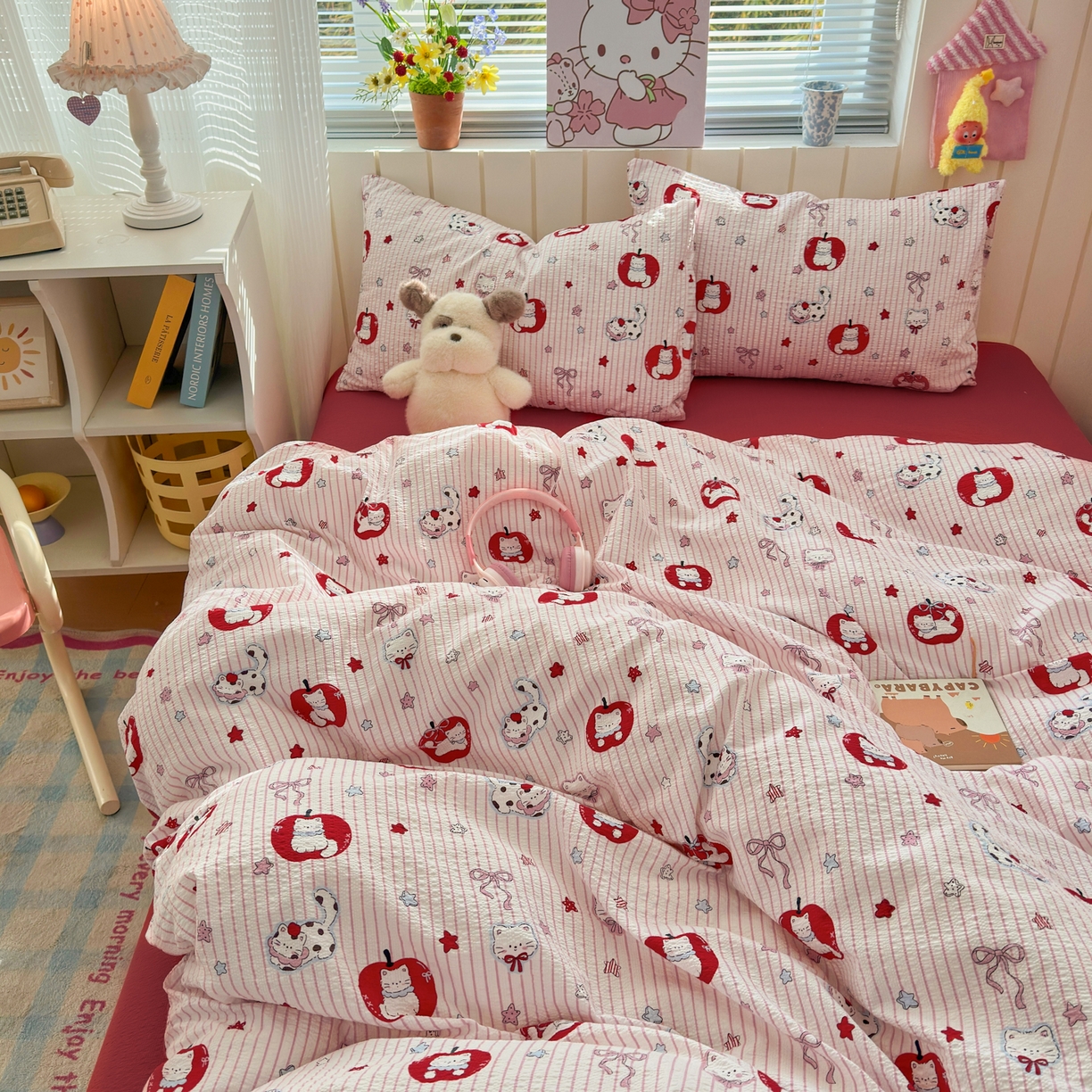 91家纺网 家纺一手货源 找家纺 奈颜 2026新款A类泡芙纱印花四件套学生宿舍三件套-卡通印花系列 苹果小狗