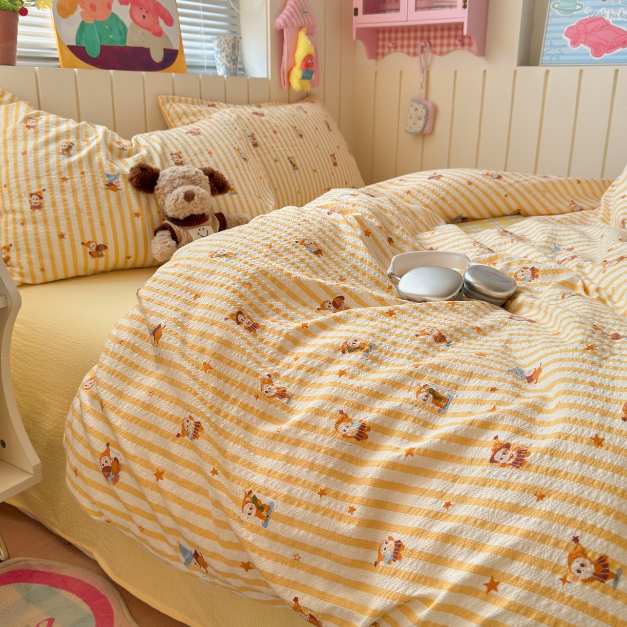 奈颜 2026新款A类泡芙纱印花四件套学生宿舍三件套-卡通印花系列 条纹星星