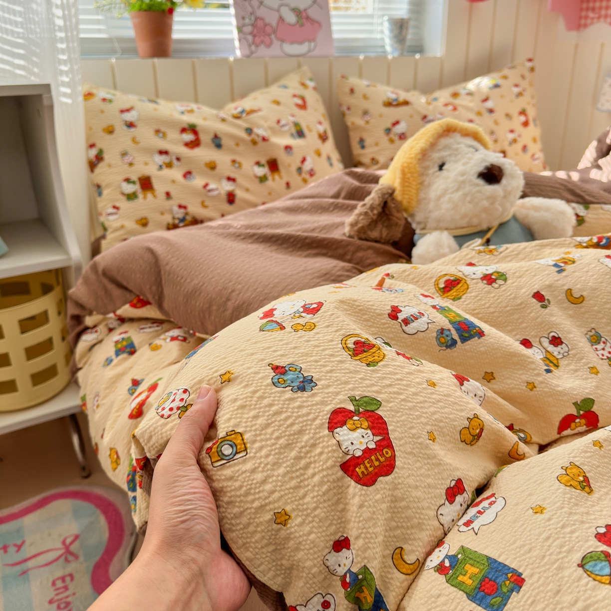 91家纺网 家纺一手货源 找家纺 奈颜 2026新款A类泡芙纱印花四件套学生宿舍三件套-卡通印花系列 玩酷KT