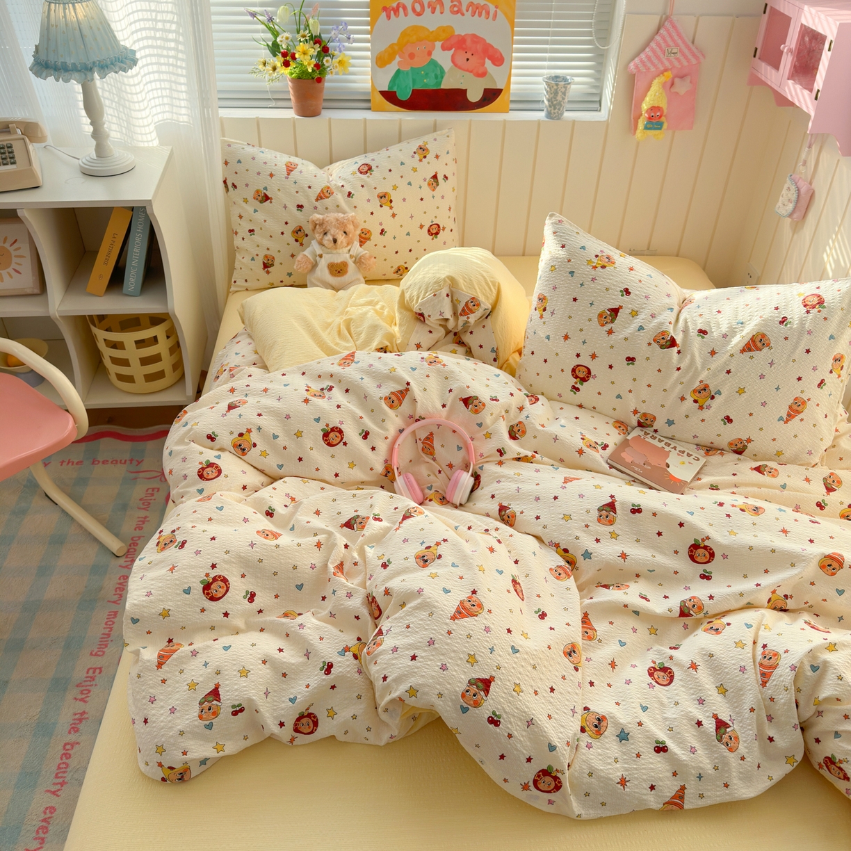 91家纺网 家纺一手货源 找家纺 奈颜 2026新款A类泡芙纱印花四件套学生宿舍三件套-卡通印花系列 高帽星星