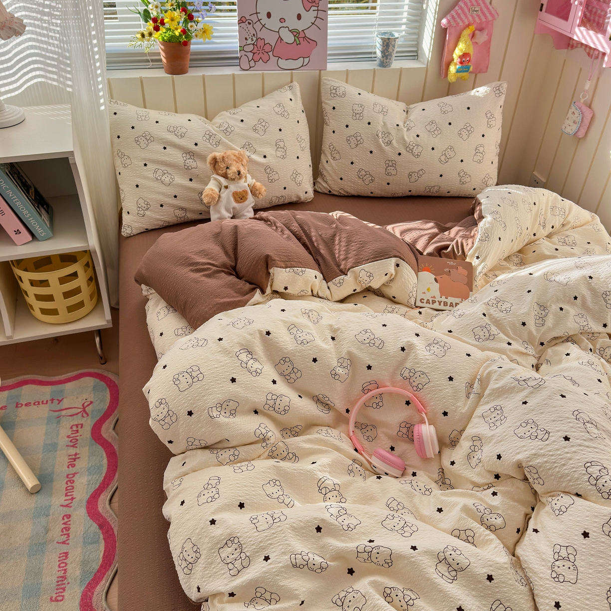 91家纺网 家纺一手货源 找家纺 奈颜 2026新款A类泡芙纱印花四件套学生宿舍三件套-卡通印花系列 线条KT