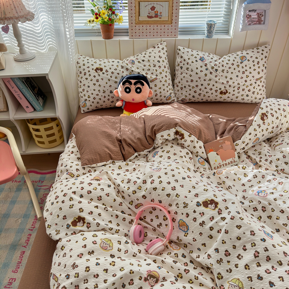 91家纺网 家纺一手货源 找家纺 奈颜 2026新款A类泡芙纱印花四件套学生宿舍三件套-卡通印花系列 豹纹蜡笔