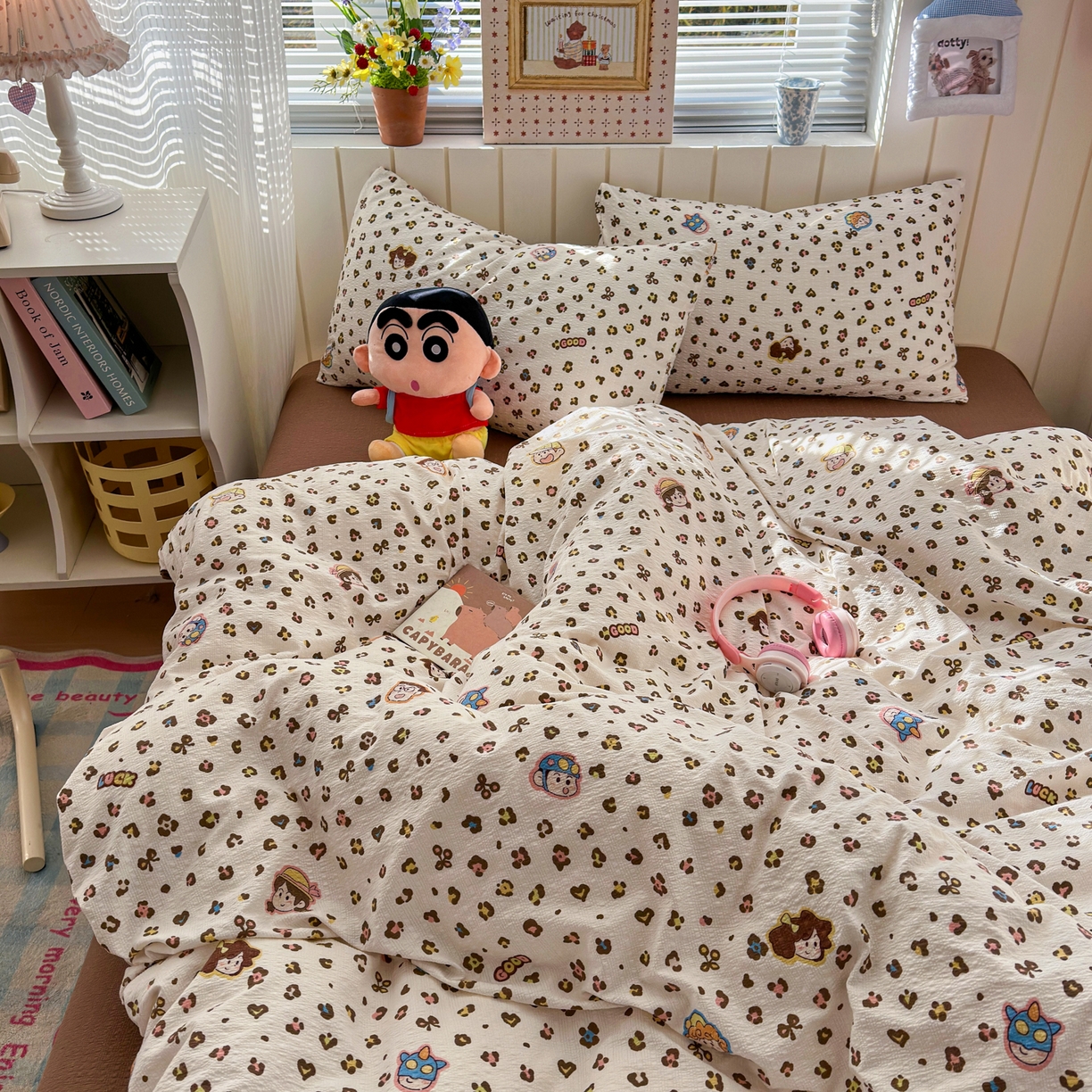 91家纺网 家纺一手货源 找家纺 奈颜 2026新款A类泡芙纱印花四件套学生宿舍三件套-卡通印花系列 豹纹蜡笔