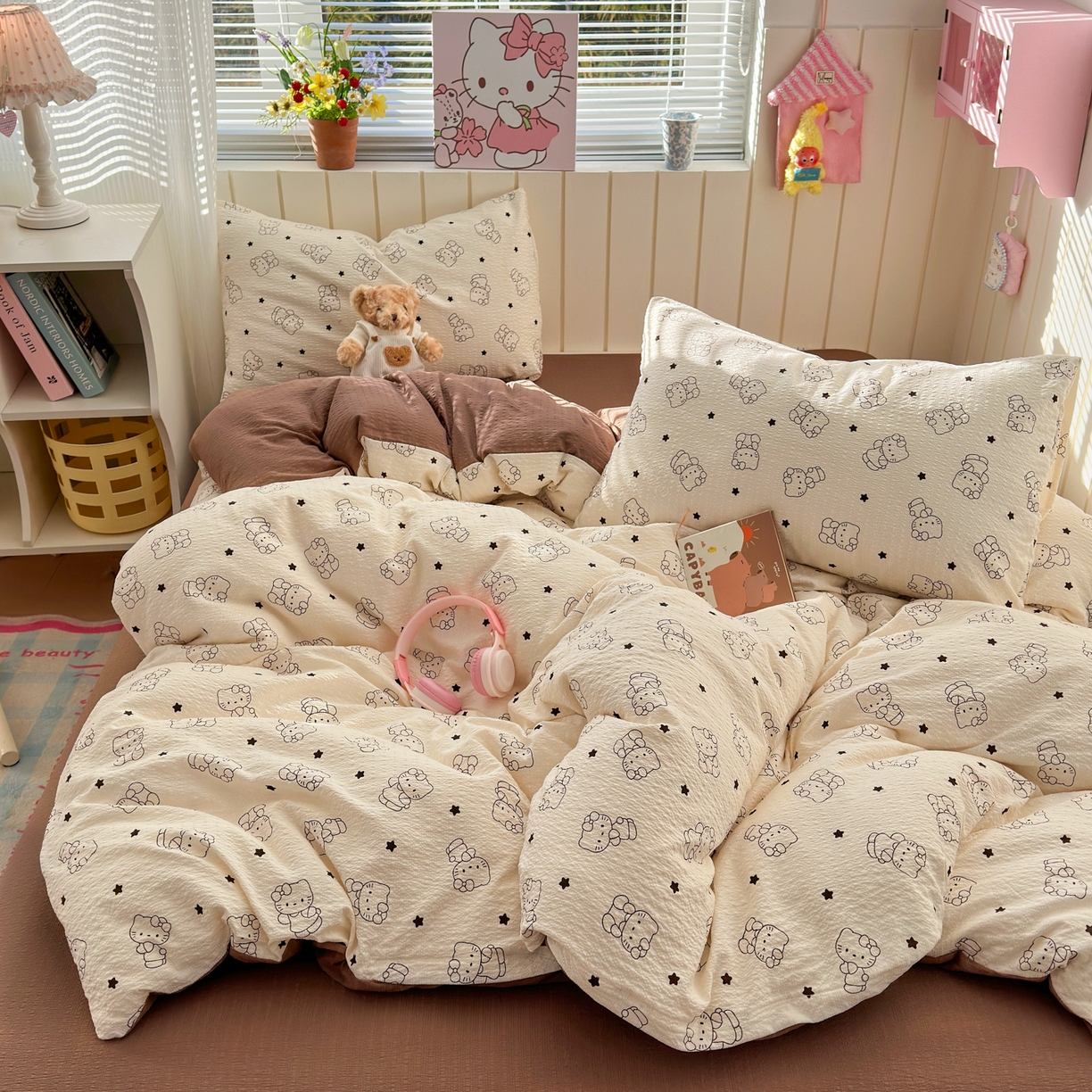 91家纺网 家纺一手货源 找家纺 奈颜 2026新款A类泡芙纱印花四件套学生宿舍三件套-卡通印花系列 线条KT