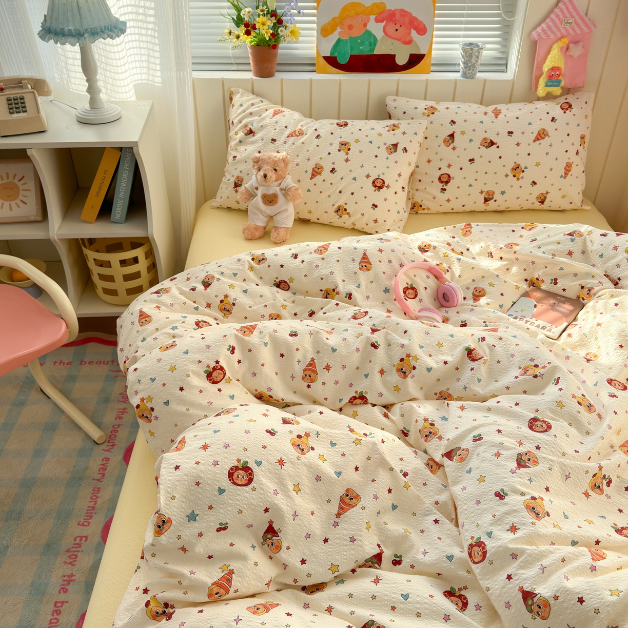 91家纺网 家纺一手货源 找家纺 奈颜 2026新款A类泡芙纱印花四件套学生宿舍三件套-卡通印花系列 高帽星星