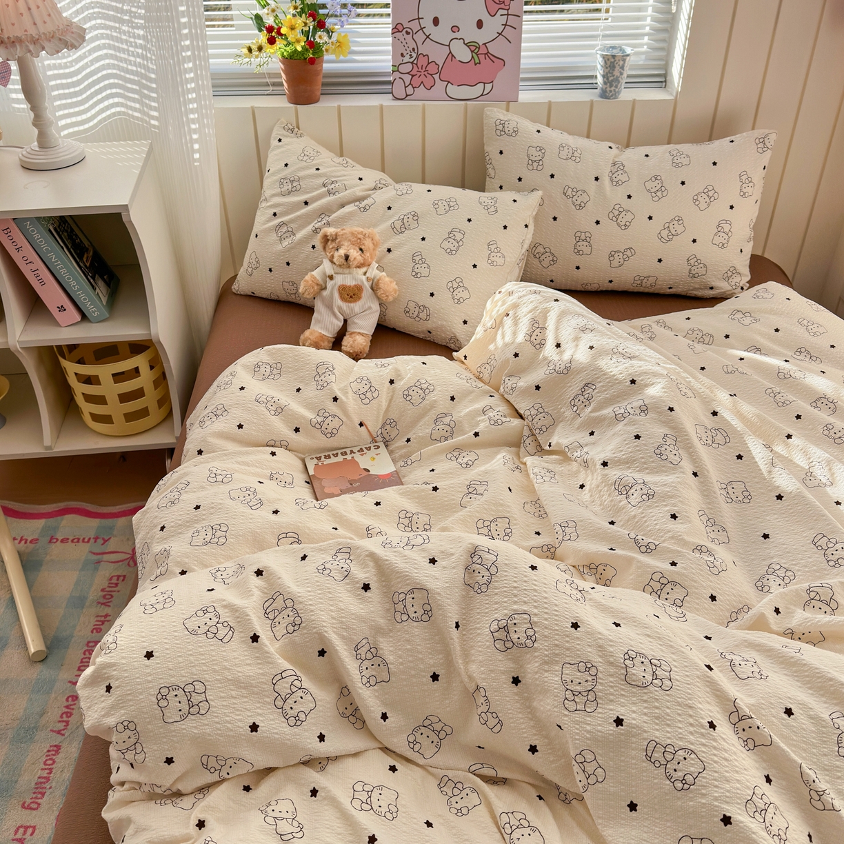 91家纺网 家纺一手货源 找家纺 奈颜 2026新款A类泡芙纱印花四件套学生宿舍三件套-卡通印花系列 线条KT