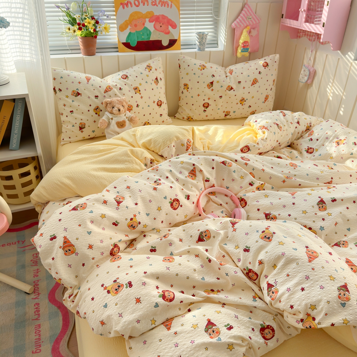 91家纺网 家纺一手货源 找家纺 奈颜 2026新款A类泡芙纱印花四件套学生宿舍三件套-卡通印花系列 高帽星星