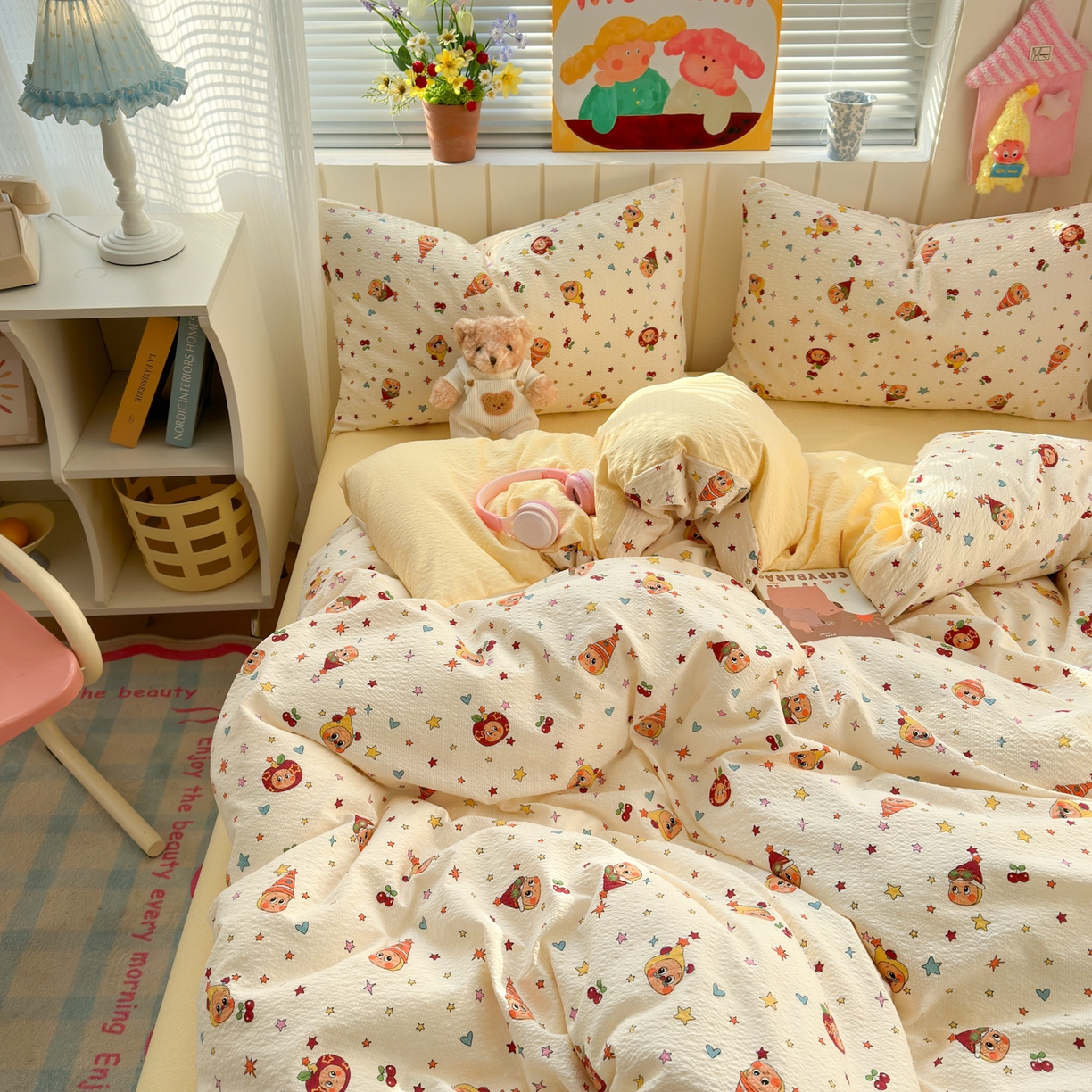 91家纺网 家纺一手货源 找家纺 奈颜 2026新款A类泡芙纱印花四件套学生宿舍三件套-卡通印花系列 高帽星星