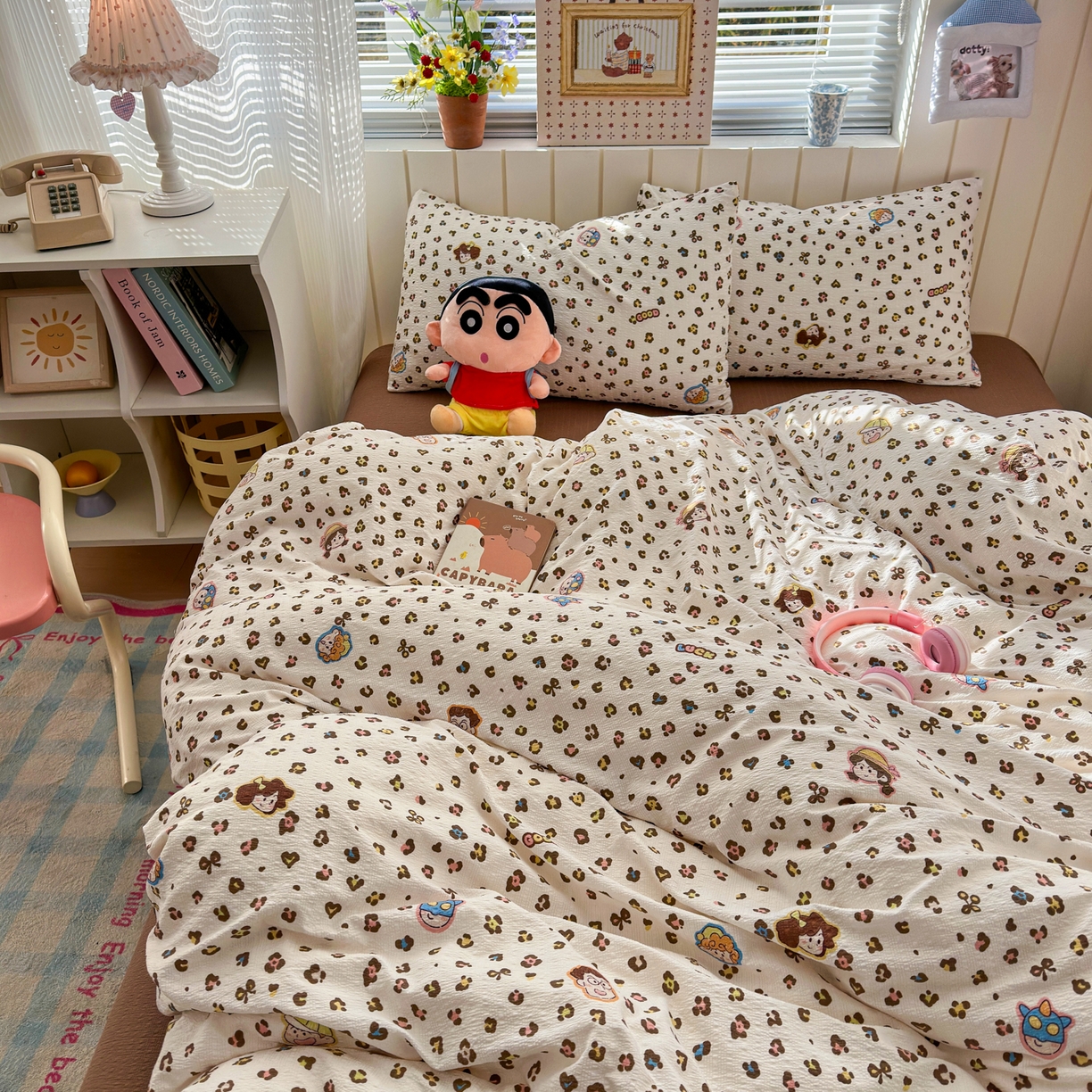 91家纺网 家纺一手货源 找家纺 奈颜 2026新款A类泡芙纱印花四件套学生宿舍三件套-卡通印花系列 豹纹蜡笔