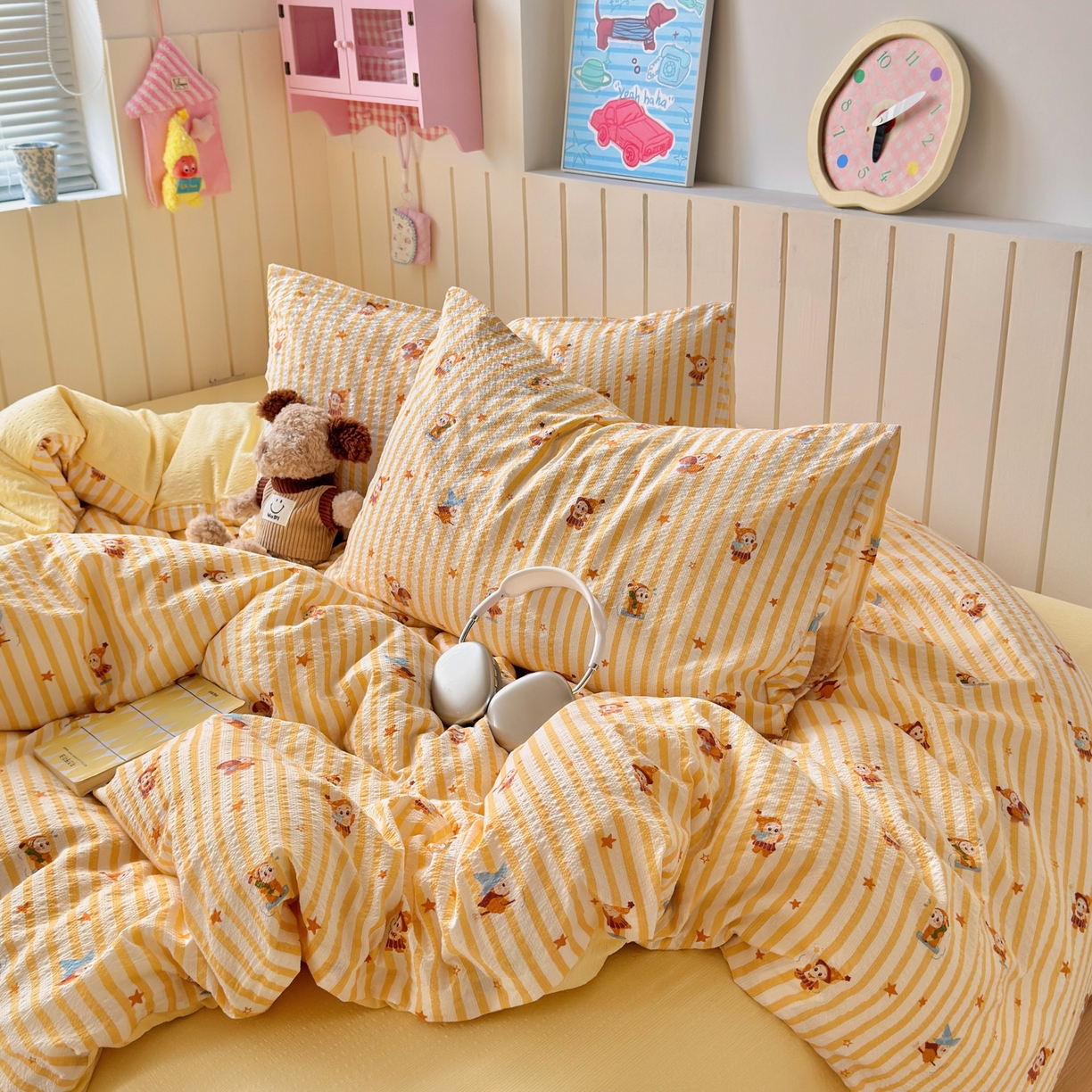 91家纺网 家纺一手货源 找家纺 奈颜 2026新款A类泡芙纱印花四件套学生宿舍三件套-卡通印花系列 条纹星星