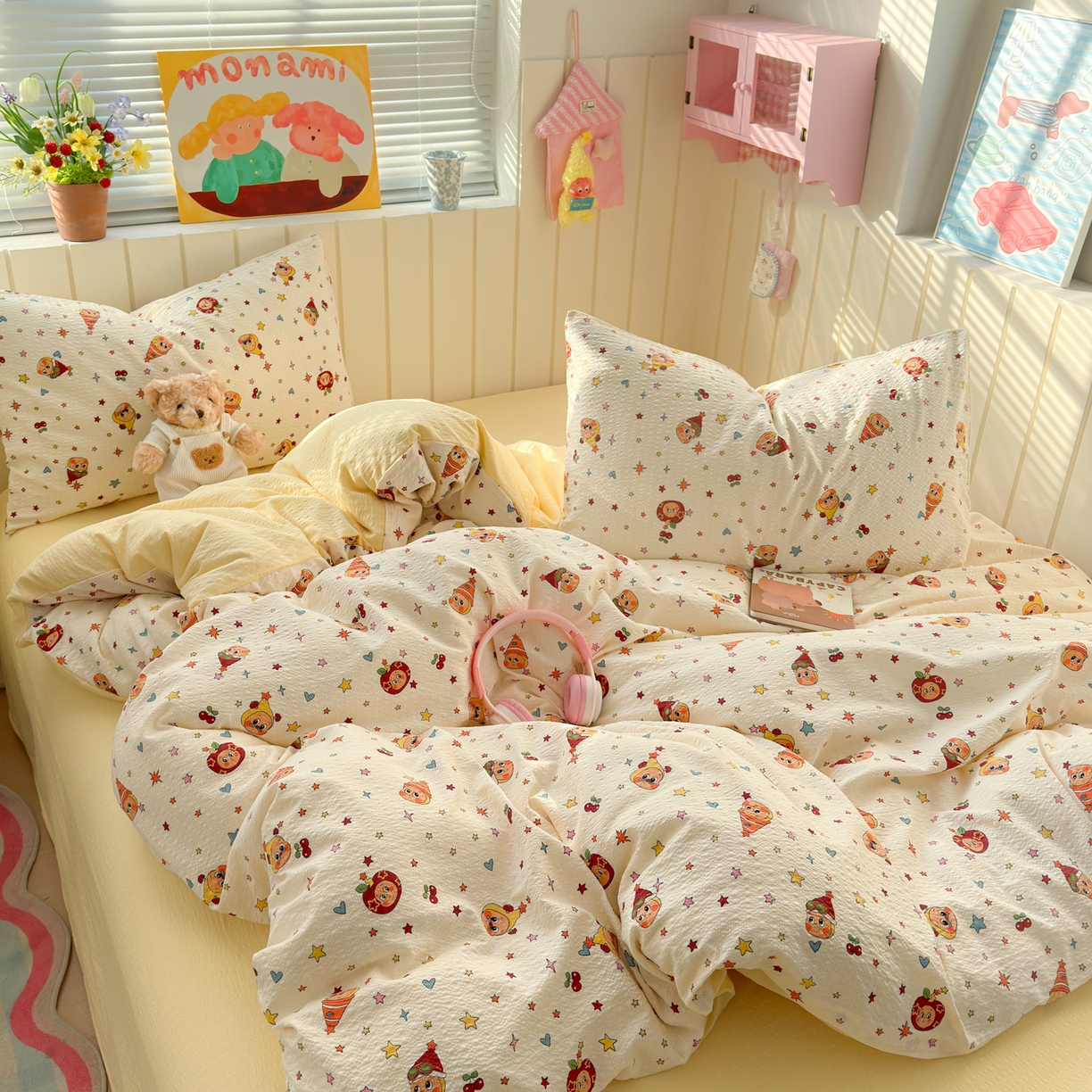 91家纺网 家纺一手货源 找家纺 奈颜 2026新款A类泡芙纱印花四件套学生宿舍三件套-卡通印花系列 高帽星星