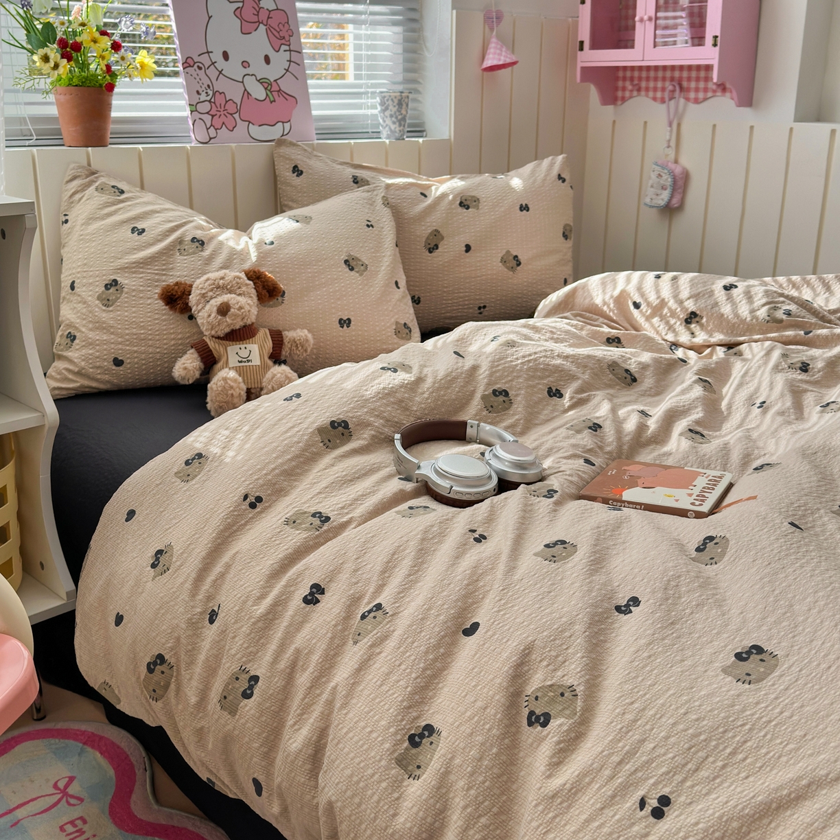 奈颜 2026新款A类泡芙纱印花四件套学生宿舍三件套-卡通印花系列 黑皮小猫