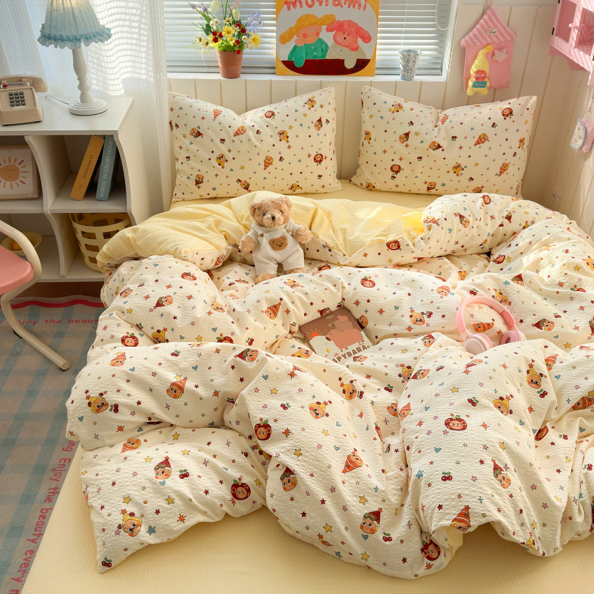 91家纺网 家纺一手货源 找家纺 奈颜 2026新款A类泡芙纱印花四件套学生宿舍三件套-卡通印花系列 高帽星星