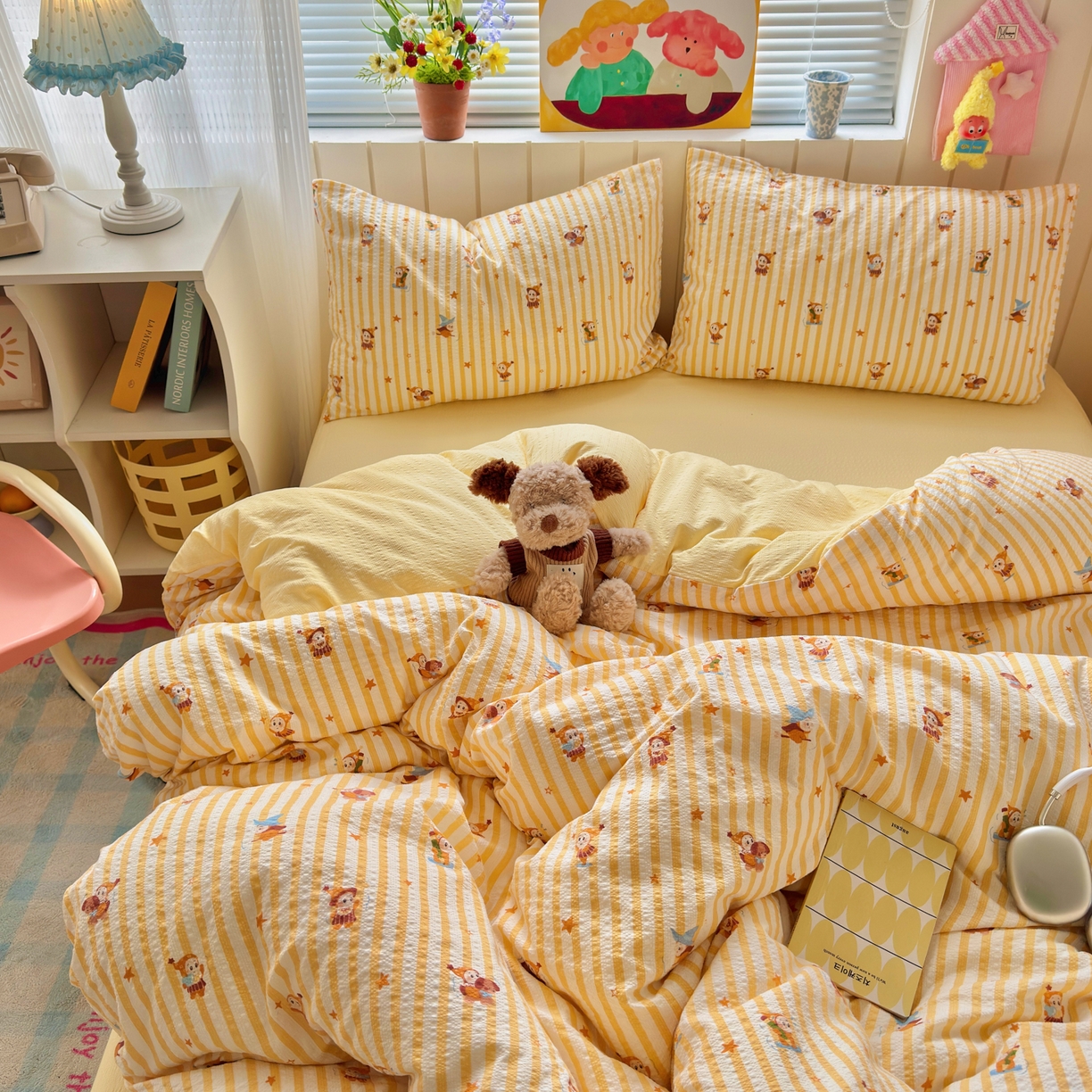 91家纺网 家纺一手货源 找家纺 奈颜 2026新款A类泡芙纱印花四件套学生宿舍三件套-卡通印花系列 条纹星星