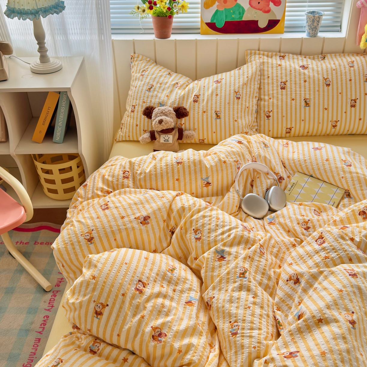 91家纺网 家纺一手货源 找家纺 奈颜 2026新款A类泡芙纱印花四件套学生宿舍三件套-卡通印花系列 条纹星星