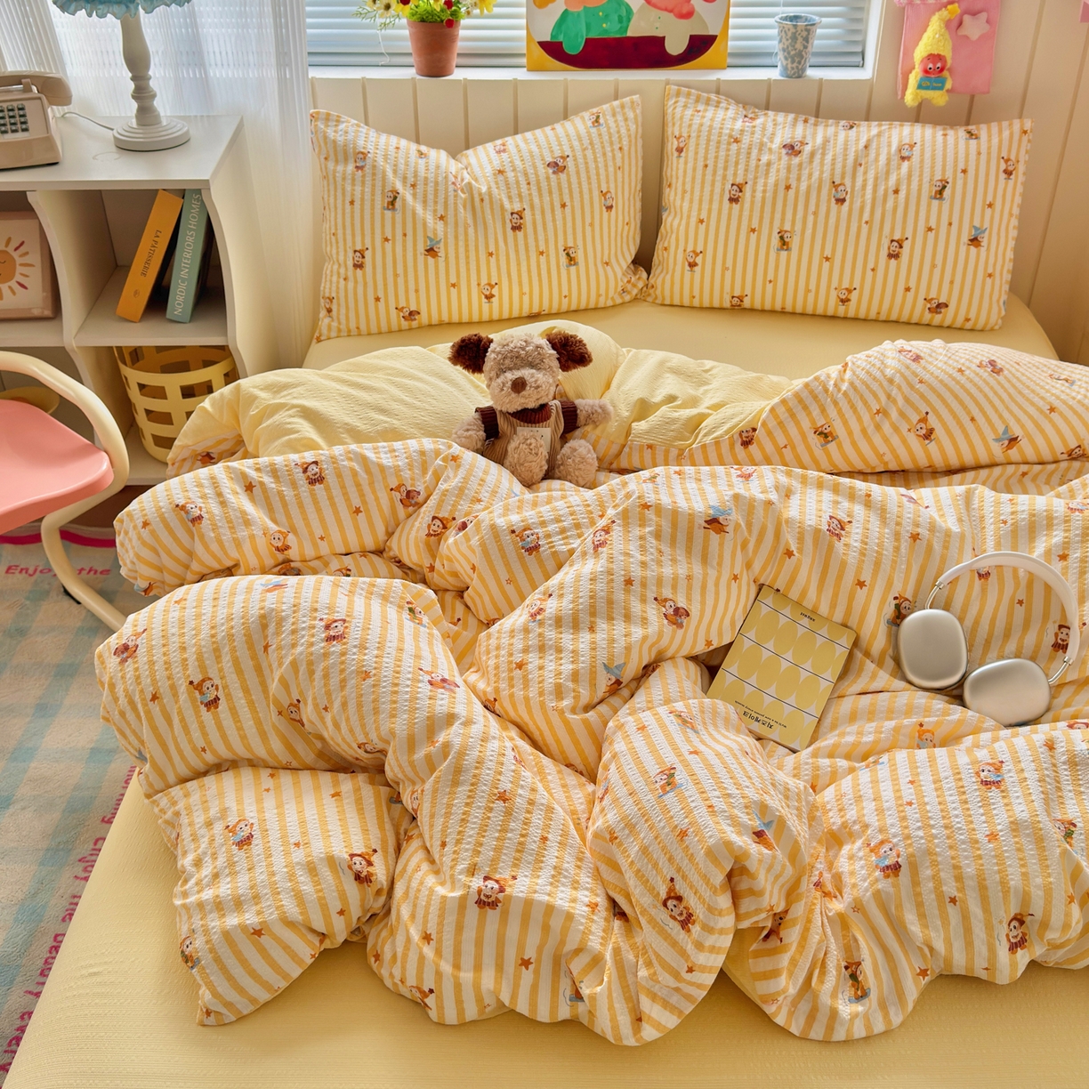 91家纺网 家纺一手货源 找家纺 奈颜 2026新款A类泡芙纱印花四件套学生宿舍三件套-卡通印花系列 条纹星星