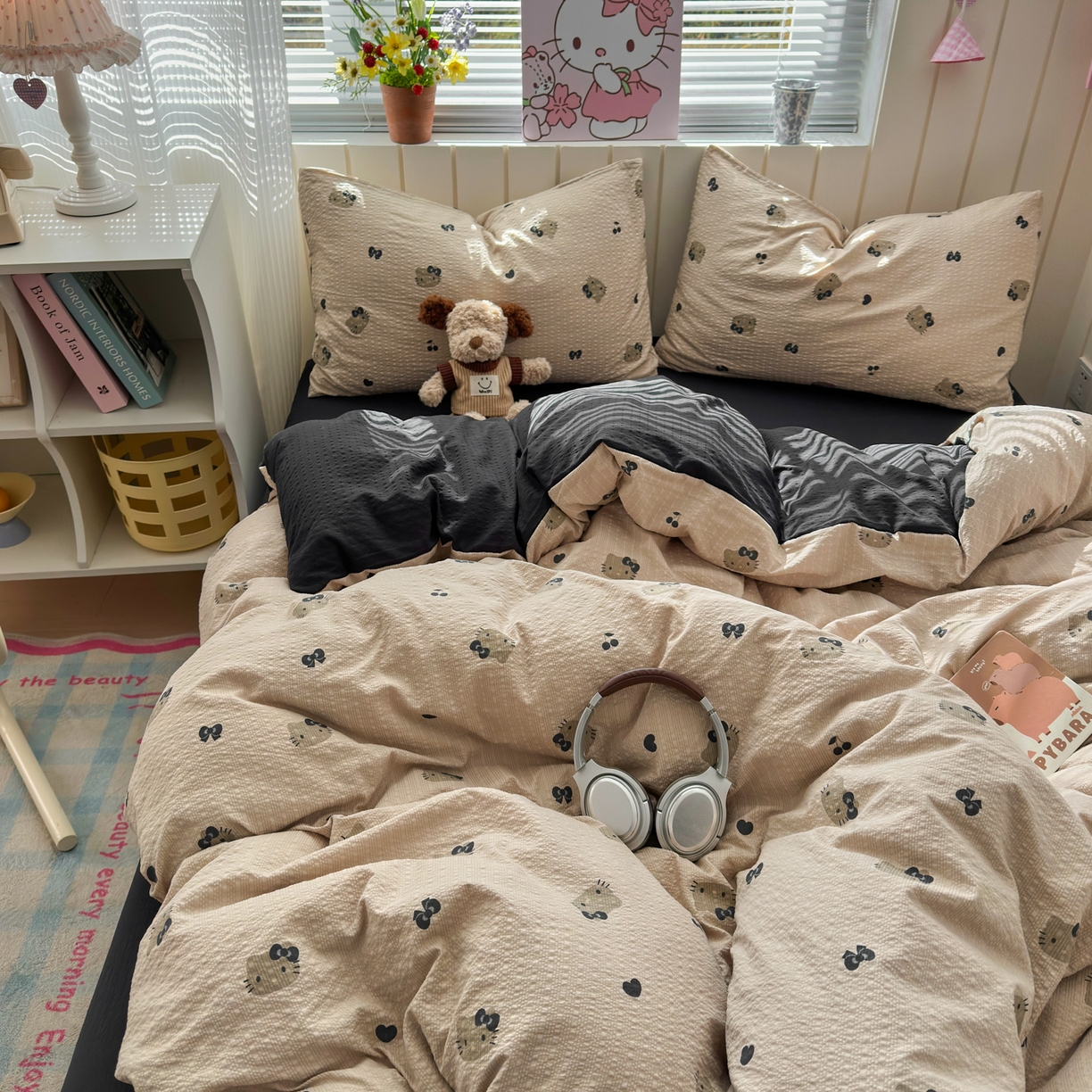 91家纺网 家纺一手货源 找家纺 奈颜 2026新款A类泡芙纱印花四件套学生宿舍三件套-卡通印花系列 黑皮小猫