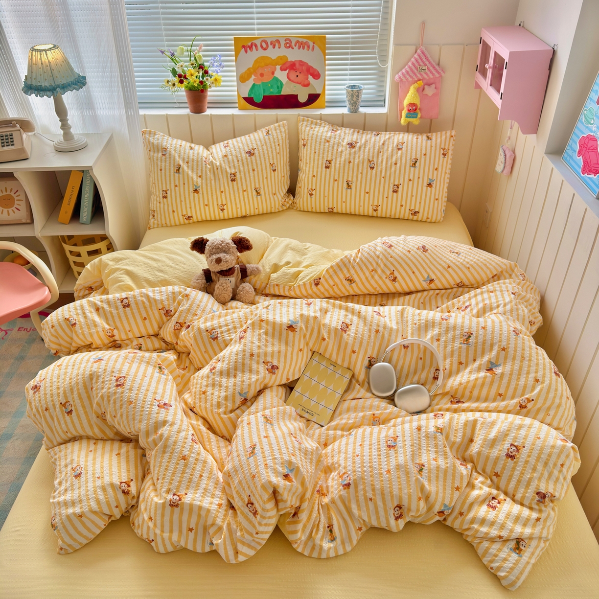 91家纺网 家纺一手货源 找家纺 奈颜 2026新款A类泡芙纱印花四件套学生宿舍三件套-卡通印花系列 条纹星星