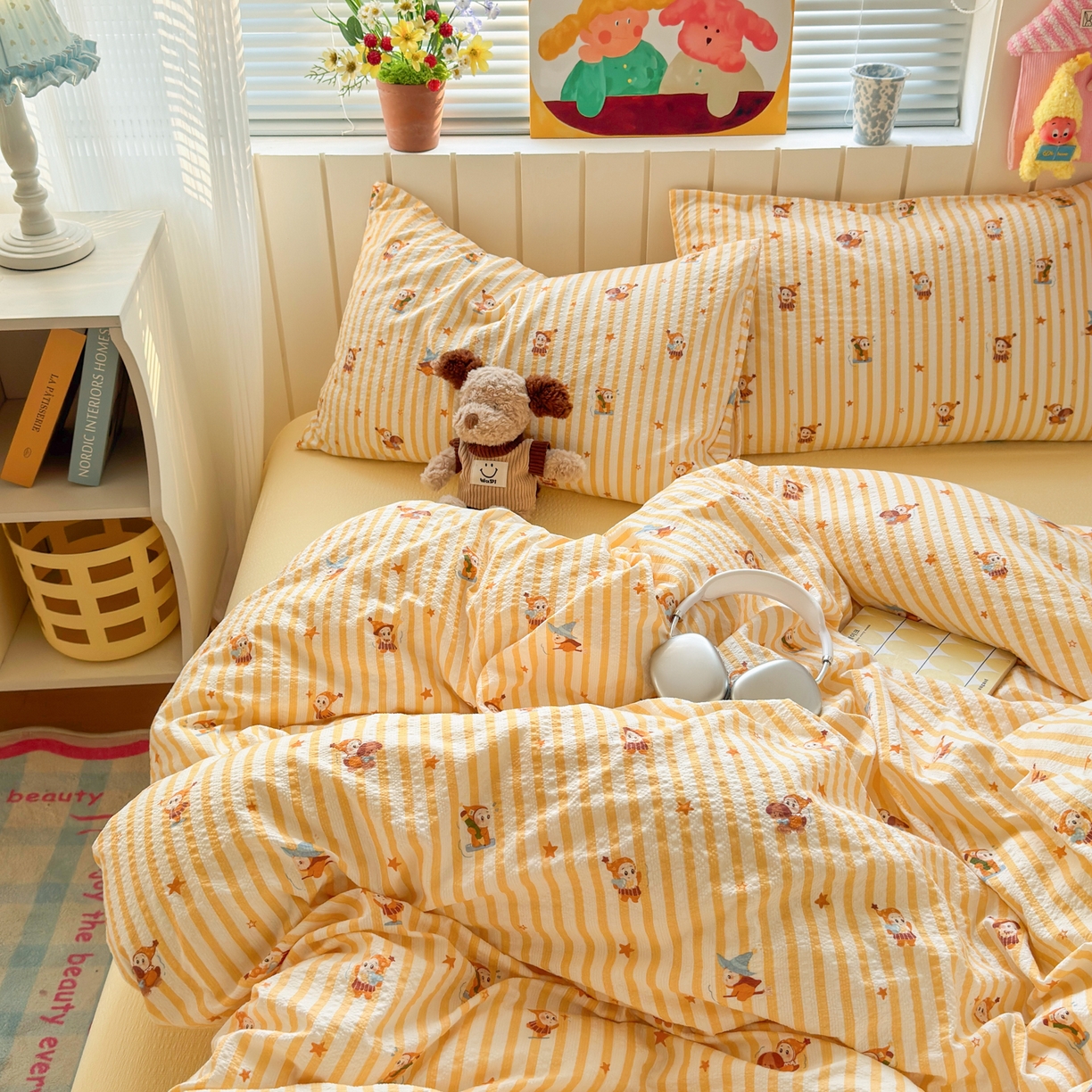 91家纺网 家纺一手货源 找家纺 奈颜 2026新款A类泡芙纱印花四件套学生宿舍三件套-卡通印花系列 条纹星星