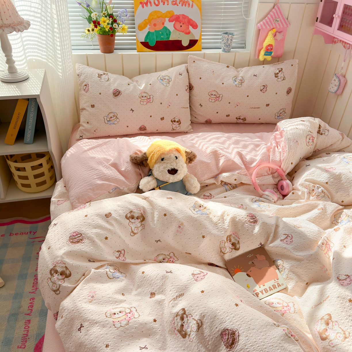 91家纺网 家纺一手货源 找家纺 奈颜 2026新款A类泡芙纱印花四件套学生宿舍三件套-卡通印花系列 甜品萌狗