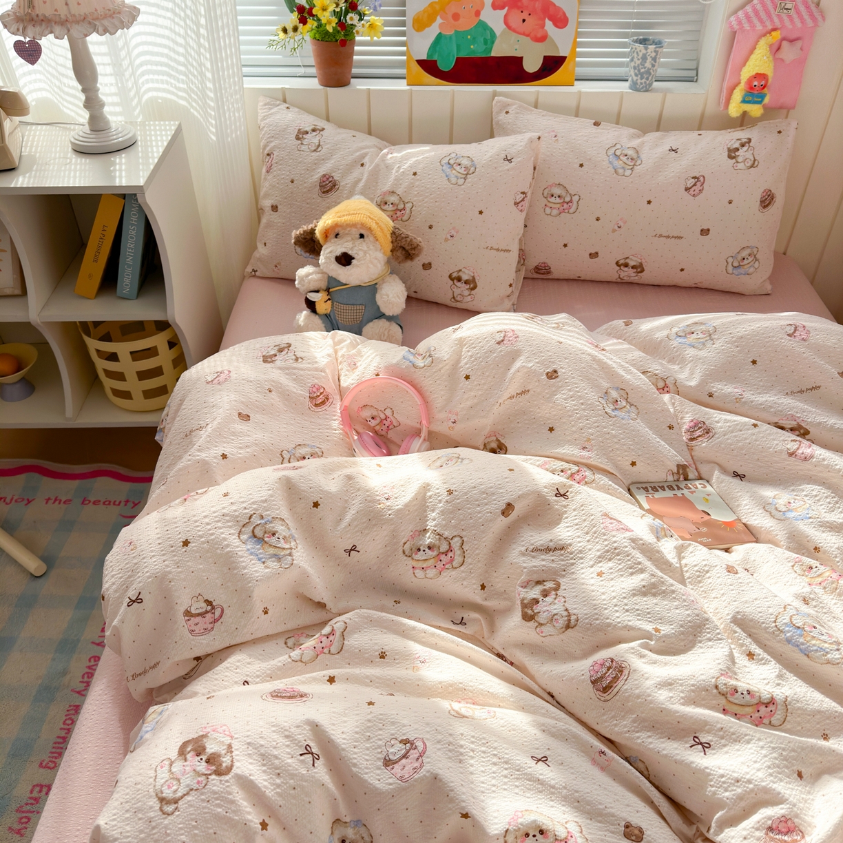 91家纺网 家纺一手货源 找家纺 奈颜 2026新款A类泡芙纱印花四件套学生宿舍三件套-卡通印花系列 甜品萌狗