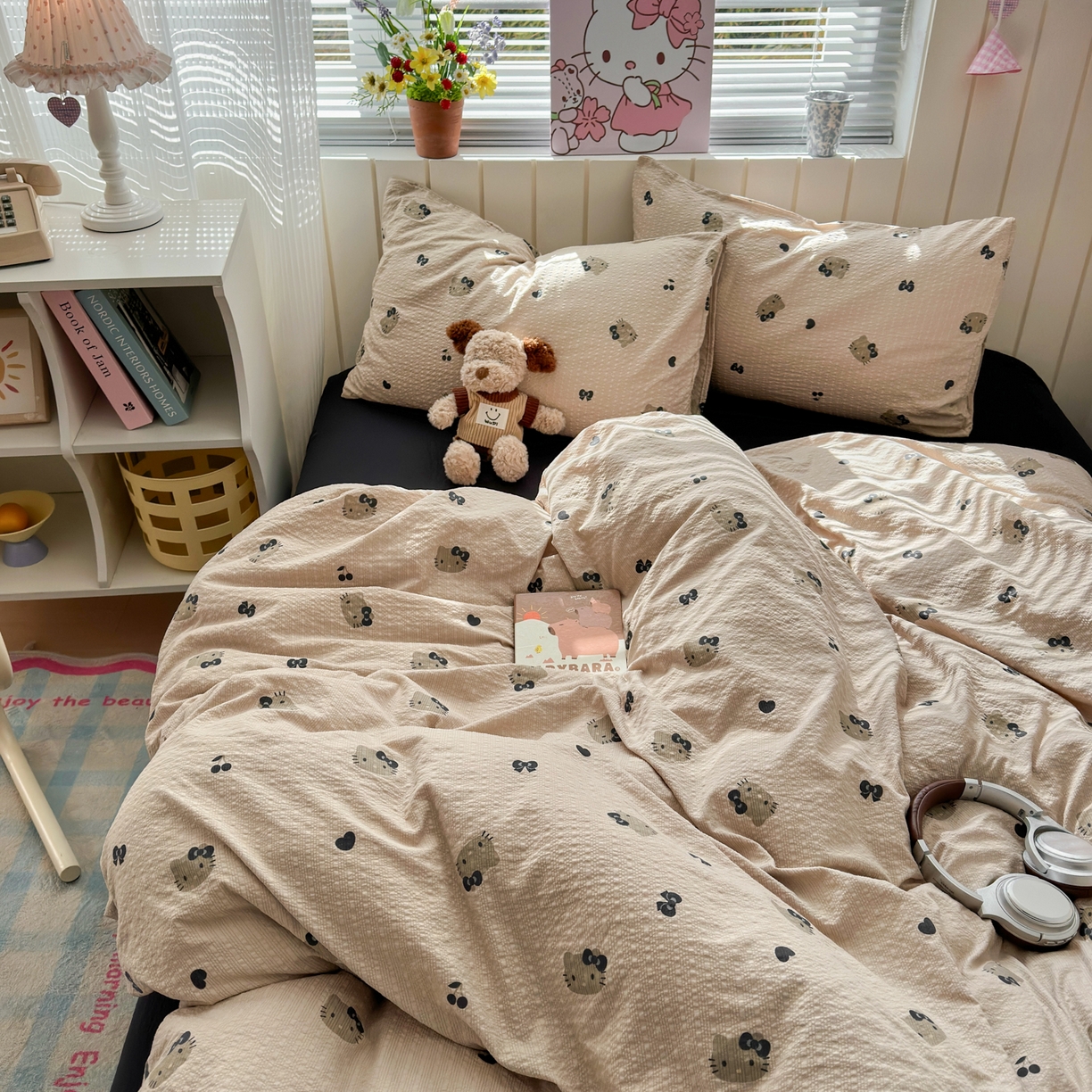 91家纺网 家纺一手货源 找家纺 奈颜 2026新款A类泡芙纱印花四件套学生宿舍三件套-卡通印花系列 黑皮小猫