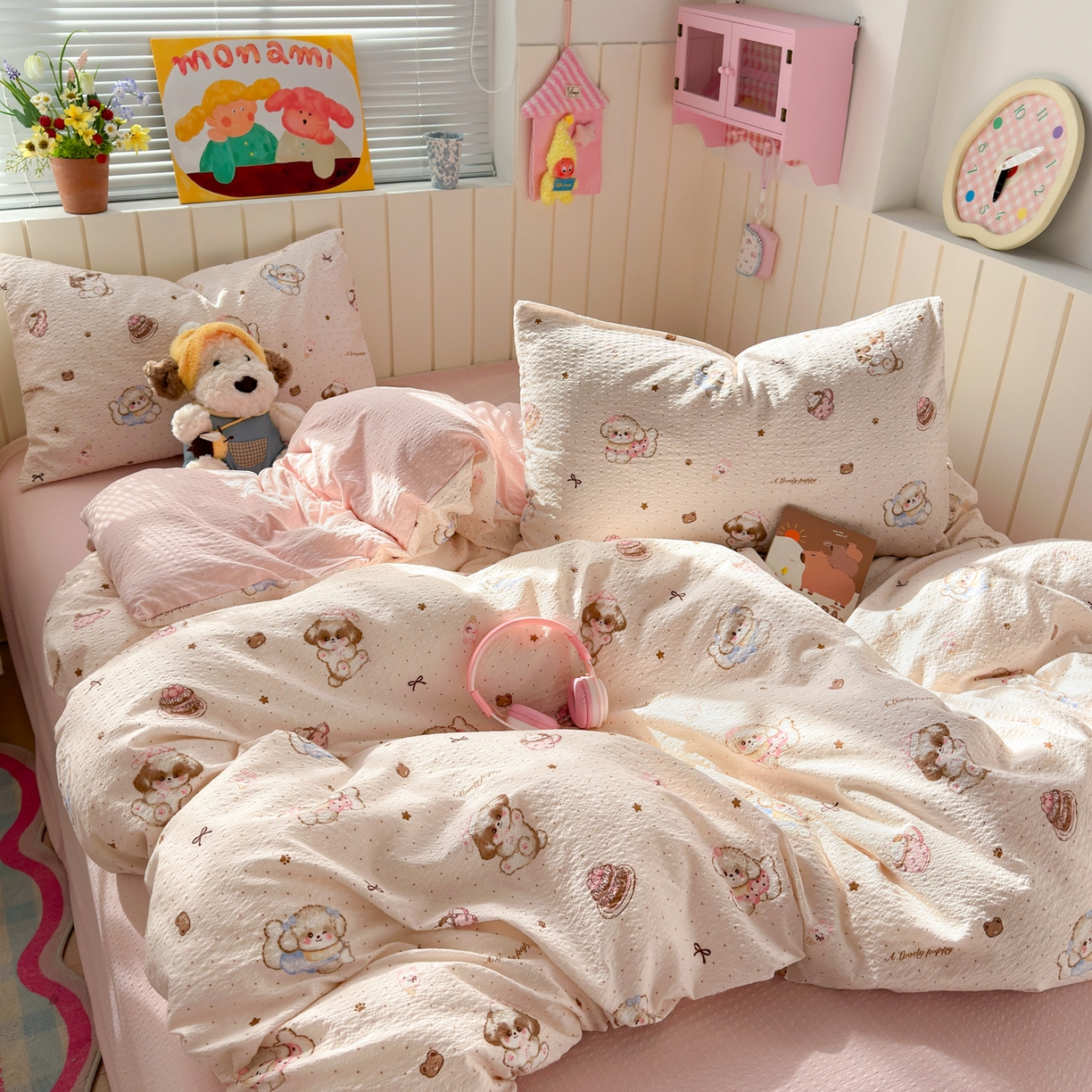 91家纺网 家纺一手货源 找家纺 奈颜 2026新款A类泡芙纱印花四件套学生宿舍三件套-卡通印花系列 甜品萌狗