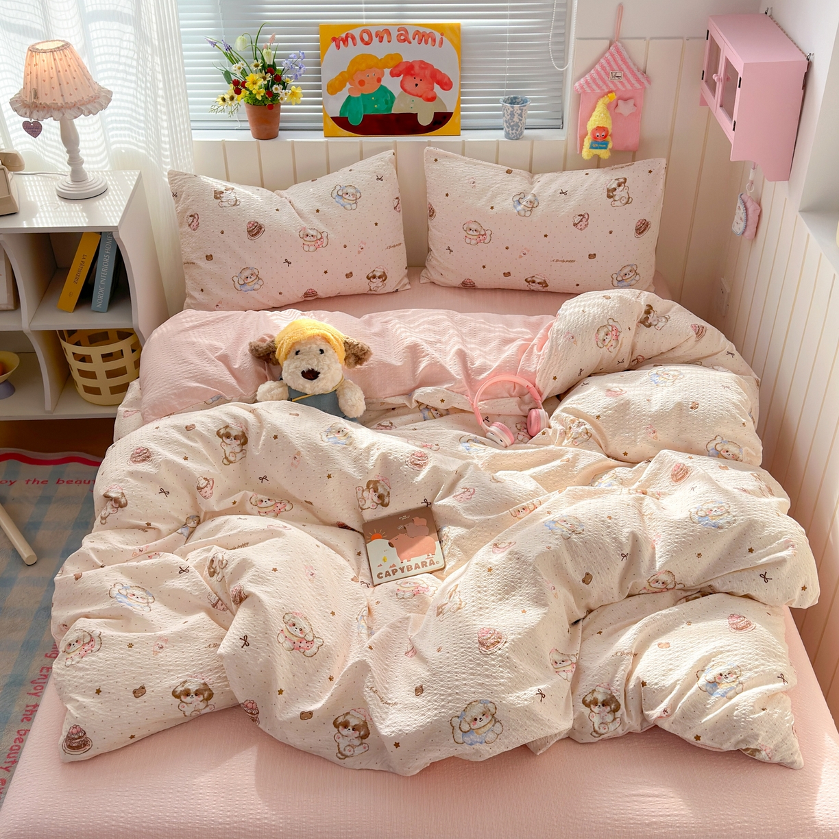 91家纺网 家纺一手货源 找家纺 奈颜 2026新款A类泡芙纱印花四件套学生宿舍三件套-卡通印花系列 甜品萌狗