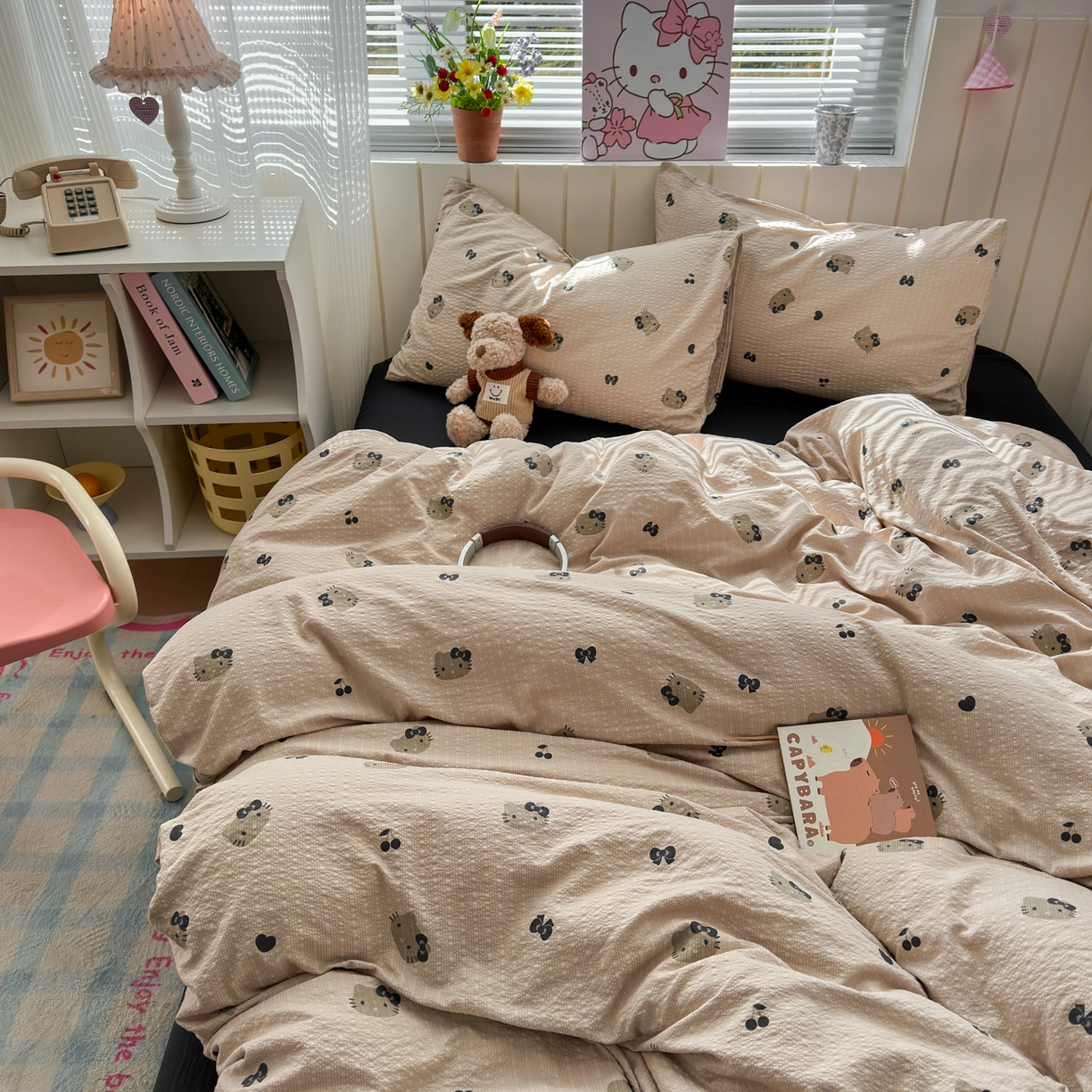 91家纺网 家纺一手货源 找家纺 奈颜 2026新款A类泡芙纱印花四件套学生宿舍三件套-卡通印花系列 黑皮小猫