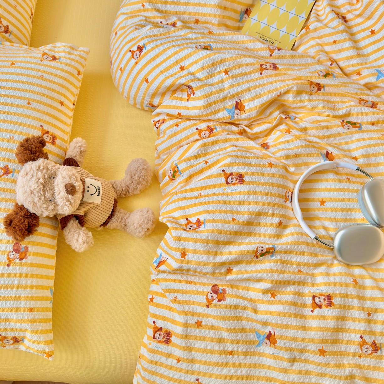 91家纺网 家纺一手货源 找家纺 奈颜 2026新款A类泡芙纱印花四件套学生宿舍三件套-卡通印花系列 条纹星星