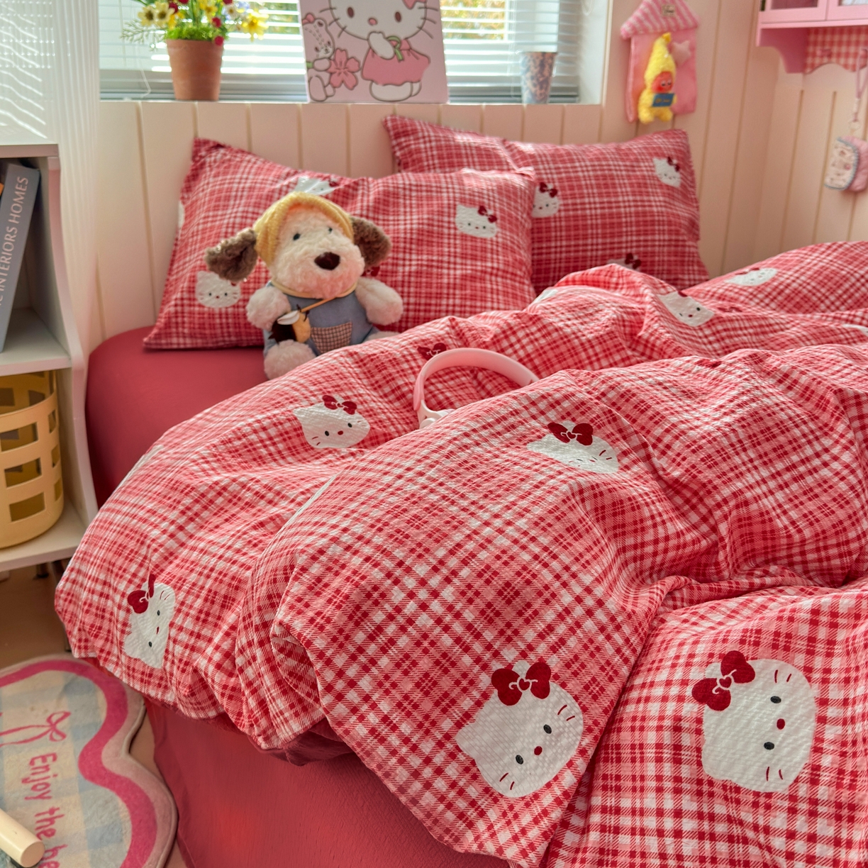 91家纺网 家纺一手货源 找家纺 奈颜 2026新款A类泡芙纱印花四件套学生宿舍三件套-卡通印花系列 红格猫咪