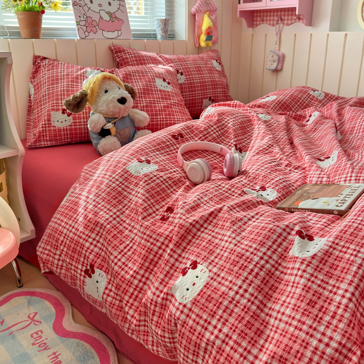 奈颜 2026新款A类泡芙纱印花四件套学生宿舍三件套-卡通印花系列 红格猫咪