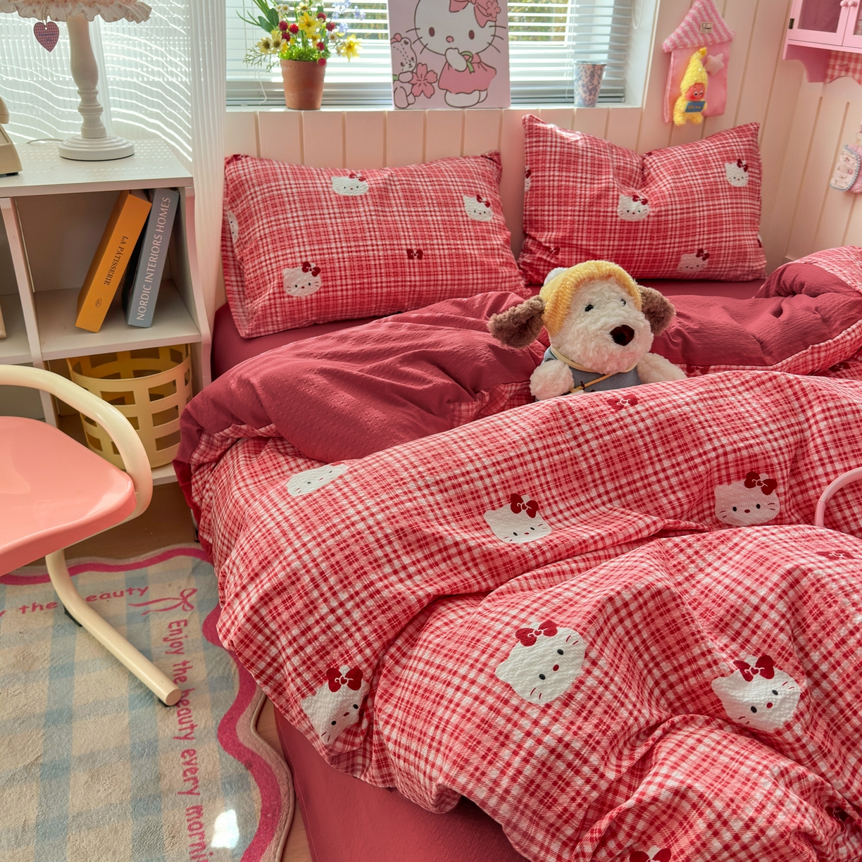 91家纺网 家纺一手货源 找家纺 奈颜 2026新款A类泡芙纱印花四件套学生宿舍三件套-卡通印花系列 红格猫咪