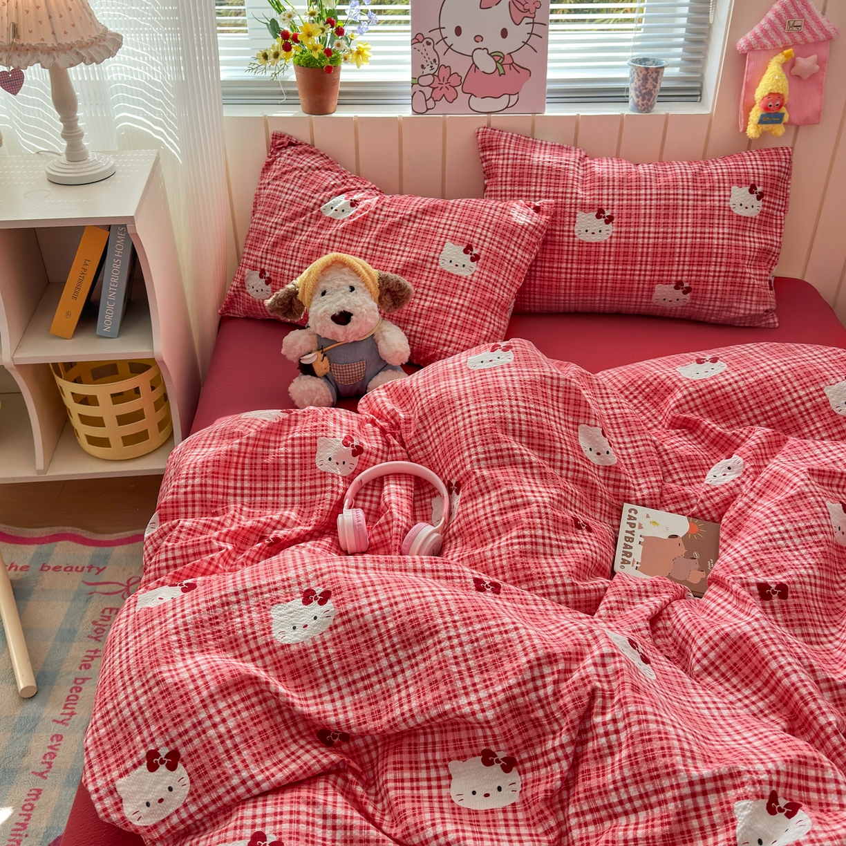 91家纺网 家纺一手货源 找家纺 奈颜 2026新款A类泡芙纱印花四件套学生宿舍三件套-卡通印花系列 红格猫咪
