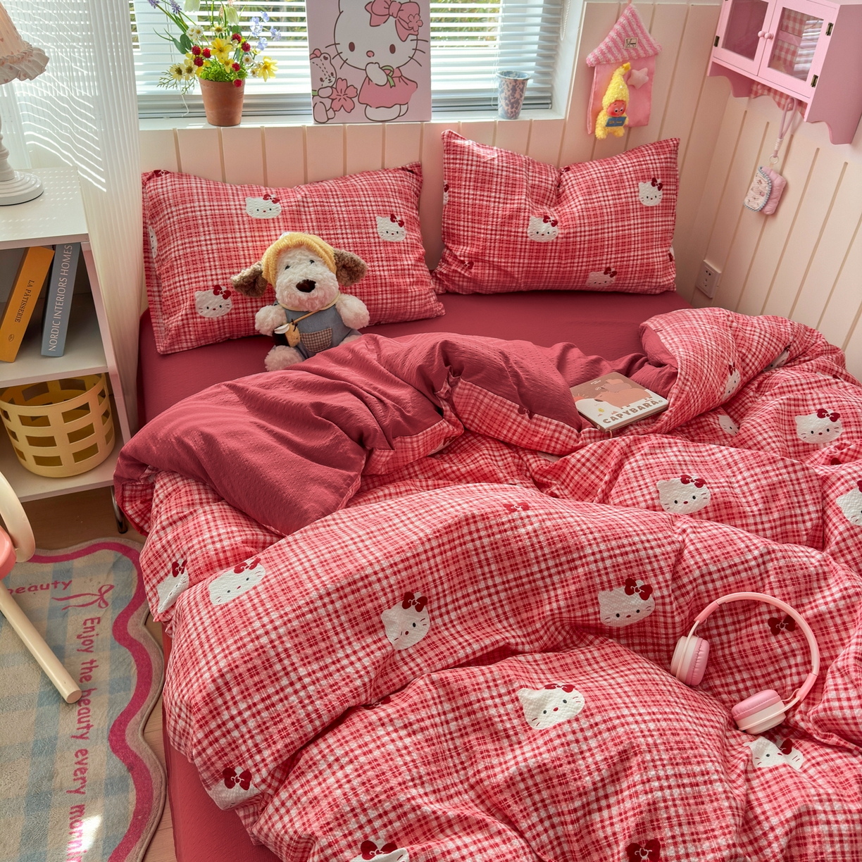 91家纺网 家纺一手货源 找家纺 奈颜 2026新款A类泡芙纱印花四件套学生宿舍三件套-卡通印花系列 红格猫咪