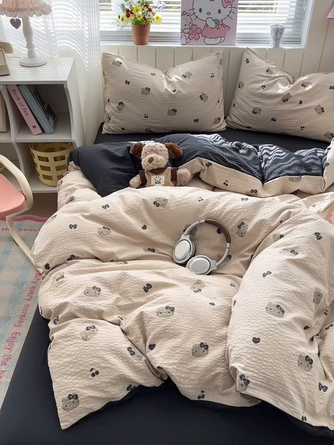 91家纺网 家纺一手货源 找家纺 奈颜 2026新款A类泡芙纱印花四件套学生宿舍三件套-卡通印花系列 黑皮小猫