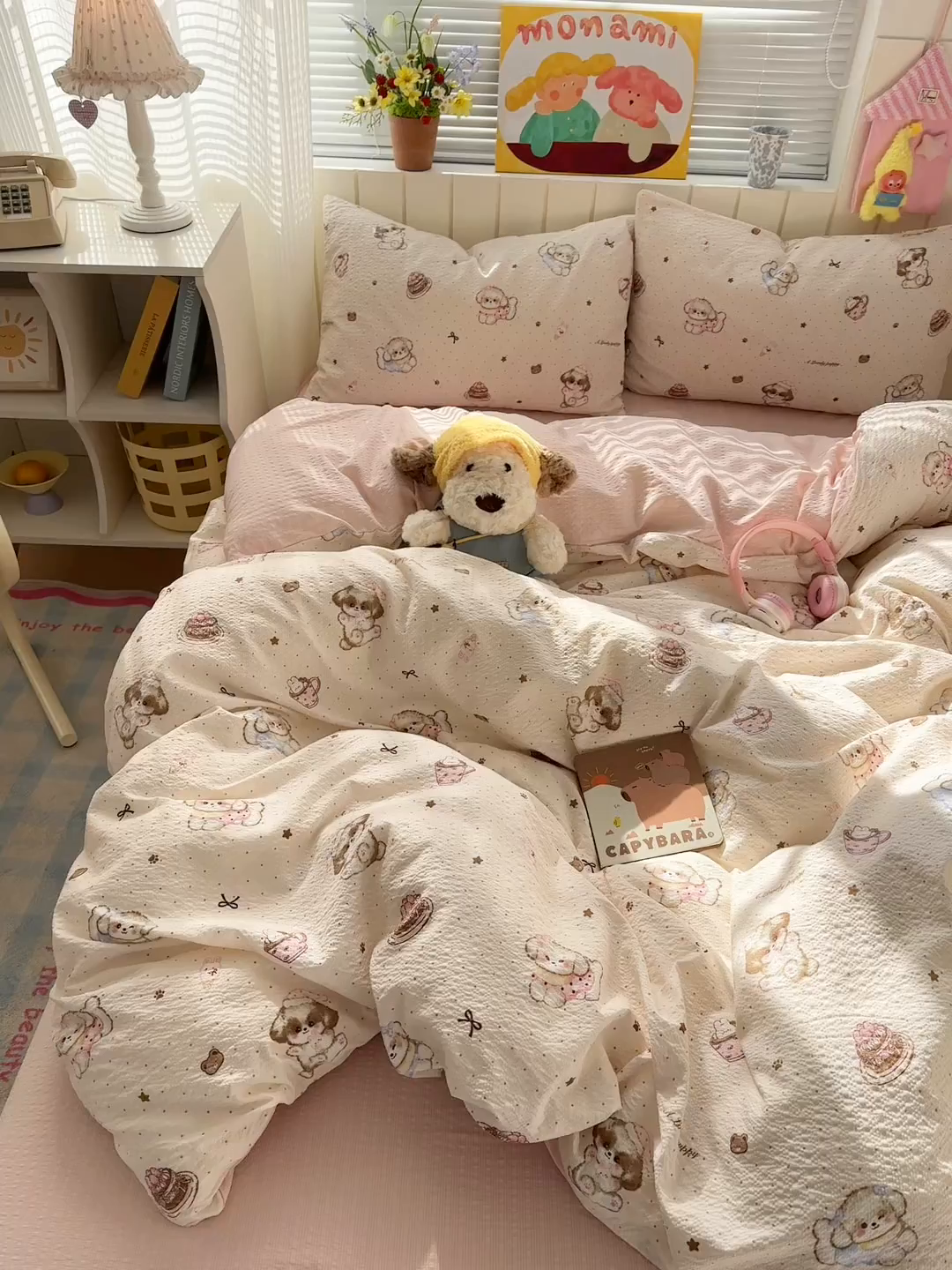 91家纺网 家纺一手货源 找家纺 奈颜 2026新款A类泡芙纱印花四件套学生宿舍三件套-卡通印花系列 甜品萌狗