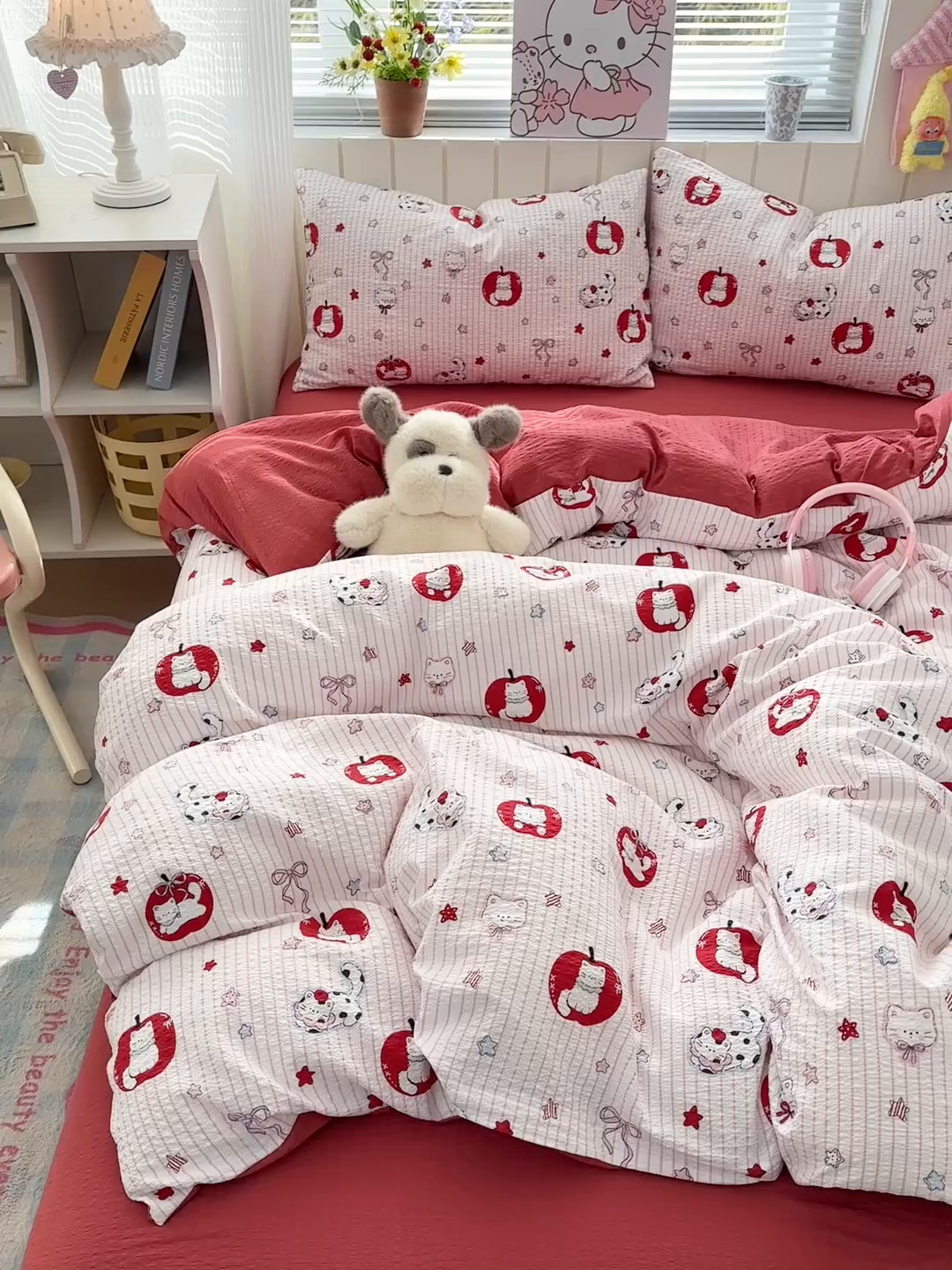 91家纺网 家纺一手货源 找家纺 奈颜 2026新款A类泡芙纱印花四件套学生宿舍三件套-卡通印花系列 苹果小狗