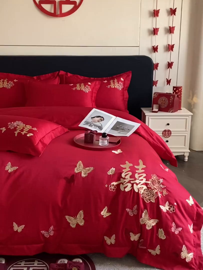 91家纺网 家纺一手货源 找家纺 （总）帝王家纺 2026爆款婚庆四件套新婚大红色结婚刺绣婚嫁床上用品
