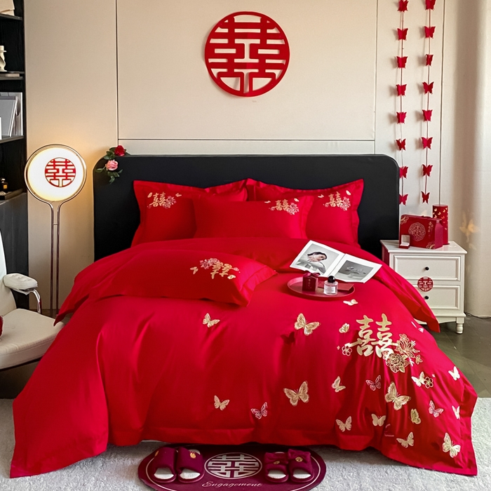 91家纺网 家纺一手货源 找家纺 （总）帝王家纺 2026爆款婚庆四件套新婚大红色结婚刺绣婚嫁床上用品