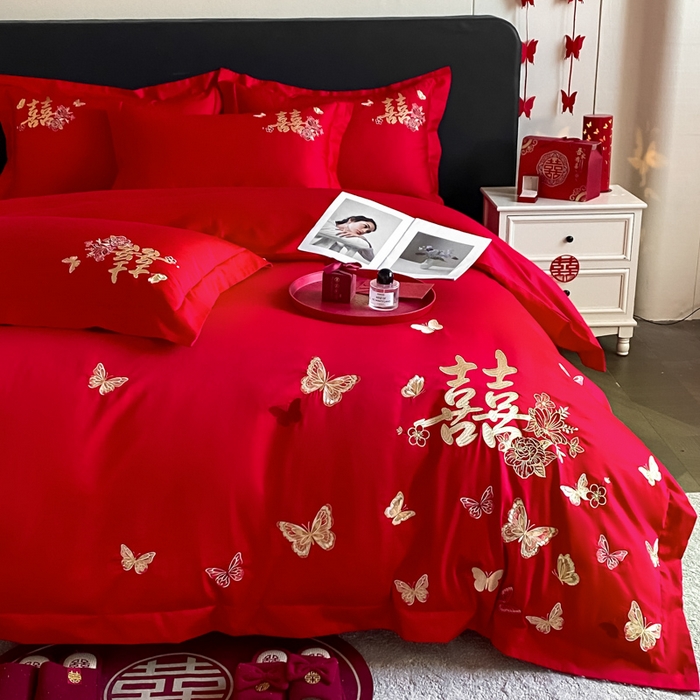 91家纺网 家纺一手货源 找家纺 （总）帝王家纺 2026爆款婚庆四件套新婚大红色结婚刺绣婚嫁床上用品