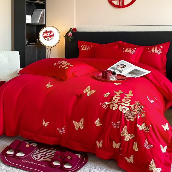 91家纺网 家纺一手货源 找家纺 （总）帝王家纺 2026爆款婚庆四件套新婚大红色结婚刺绣婚嫁床上用品
