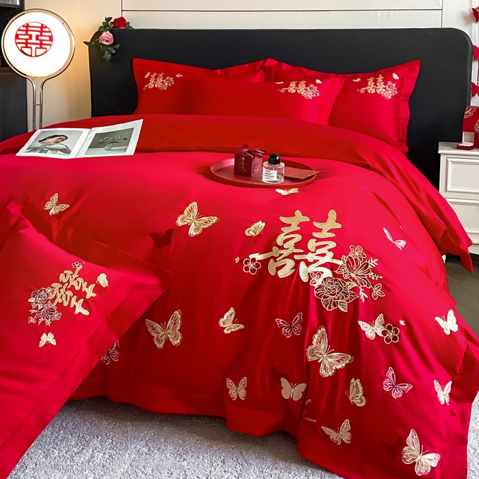 91家纺网 家纺一手货源 找家纺 （总）帝王家纺 2026爆款婚庆四件套新婚大红色结婚刺绣婚嫁床上用品