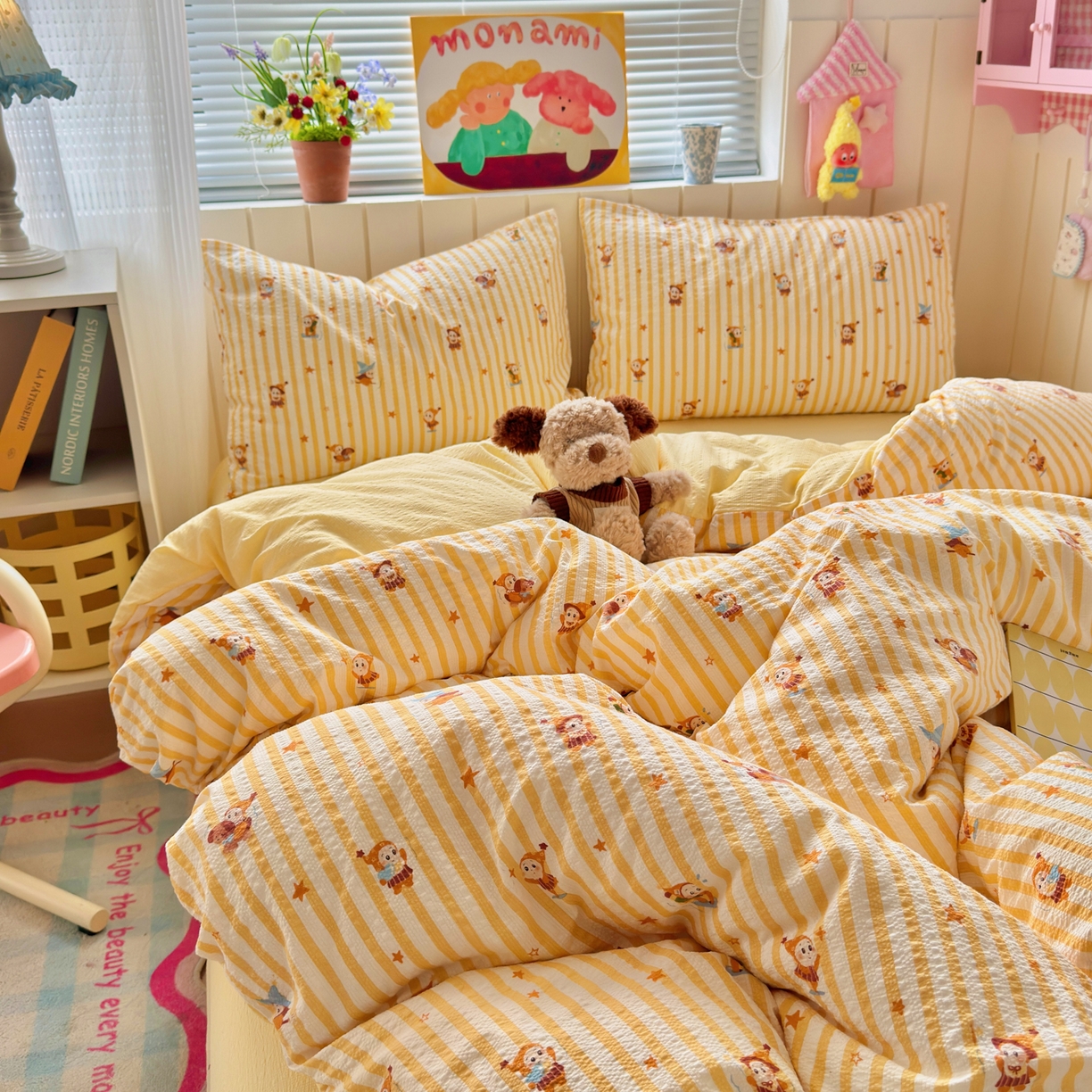 91家纺网 家纺一手货源 找家纺 奈颜 2026新款A类泡芙纱印花四件套学生宿舍三件套-卡通印花系列 条纹星星