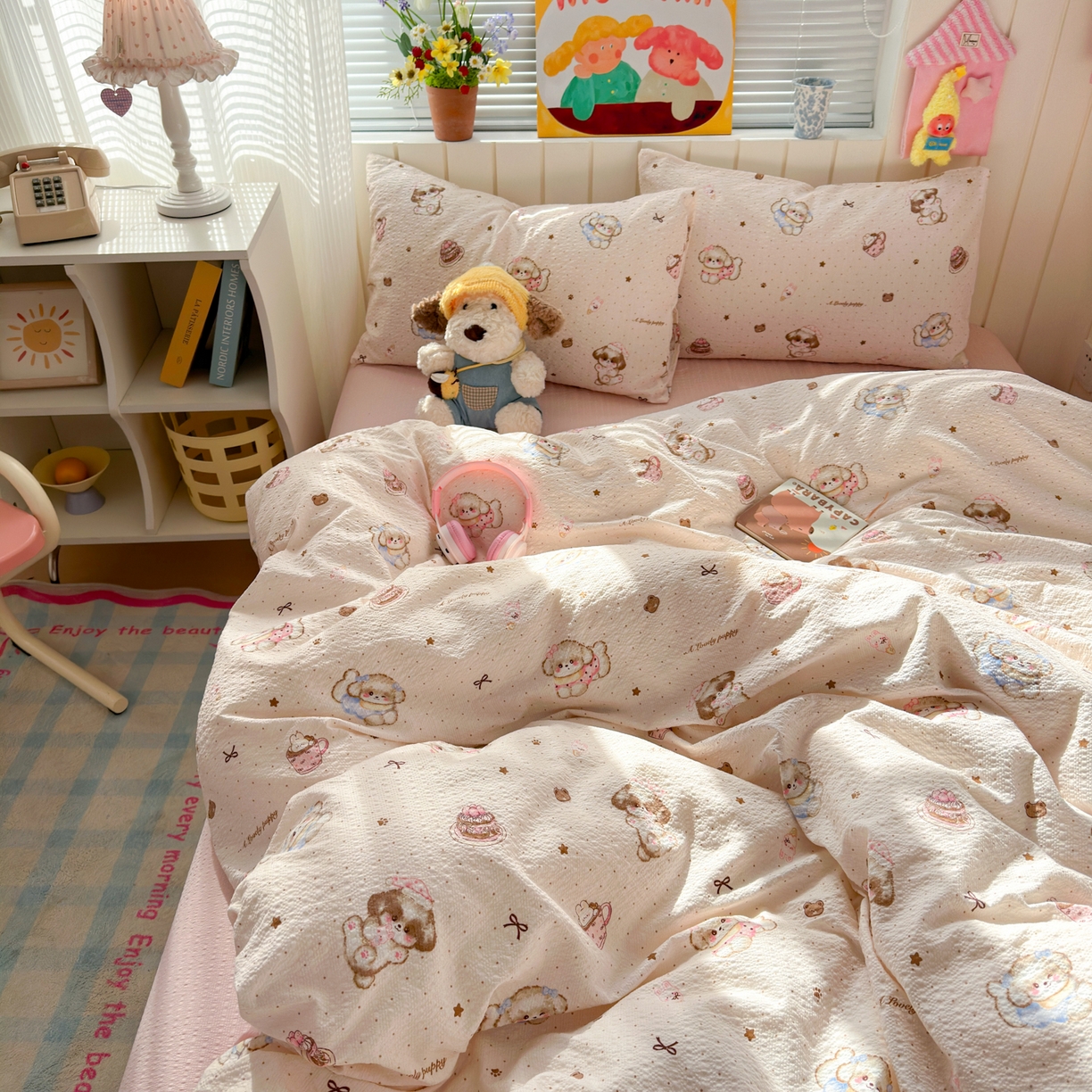 91家纺网 家纺一手货源 找家纺 奈颜 2026新款A类泡芙纱印花四件套学生宿舍三件套-卡通印花系列 甜品萌狗