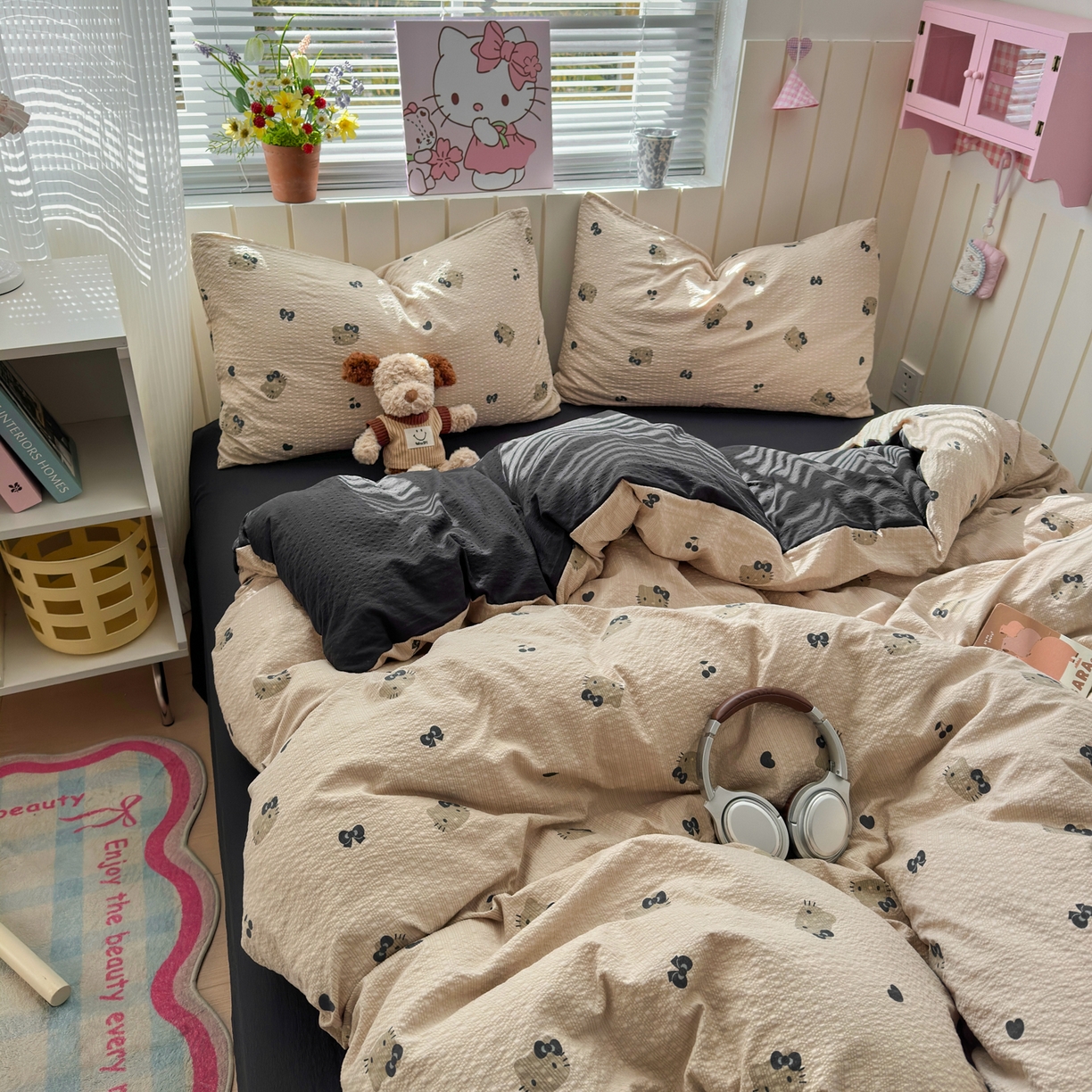 91家纺网 家纺一手货源 找家纺 奈颜 2026新款A类泡芙纱印花四件套学生宿舍三件套-卡通印花系列 黑皮小猫